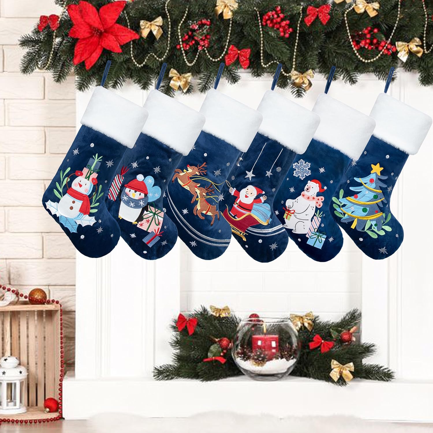 LUBOT Set of 8 Christmas Stocking(20inch) Silhouette Buffalo Red Plaid/Rustic/Farmhouse/Country Cotton Fireplace Hanging Xmas Stockings Decorations for Family Holiday Season Decor
