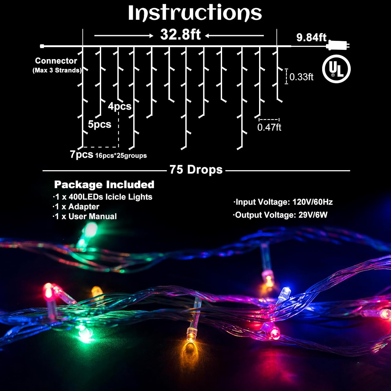 66ft Icicle Lights for Outside - 640 LED Christmas Lights Outdoor with 120 Drops 8 Modes, Plug in Twinkle Light Outside for Holiday Wedding Party Tree Room Indoor Thanksgiving Decoration, Warm White
