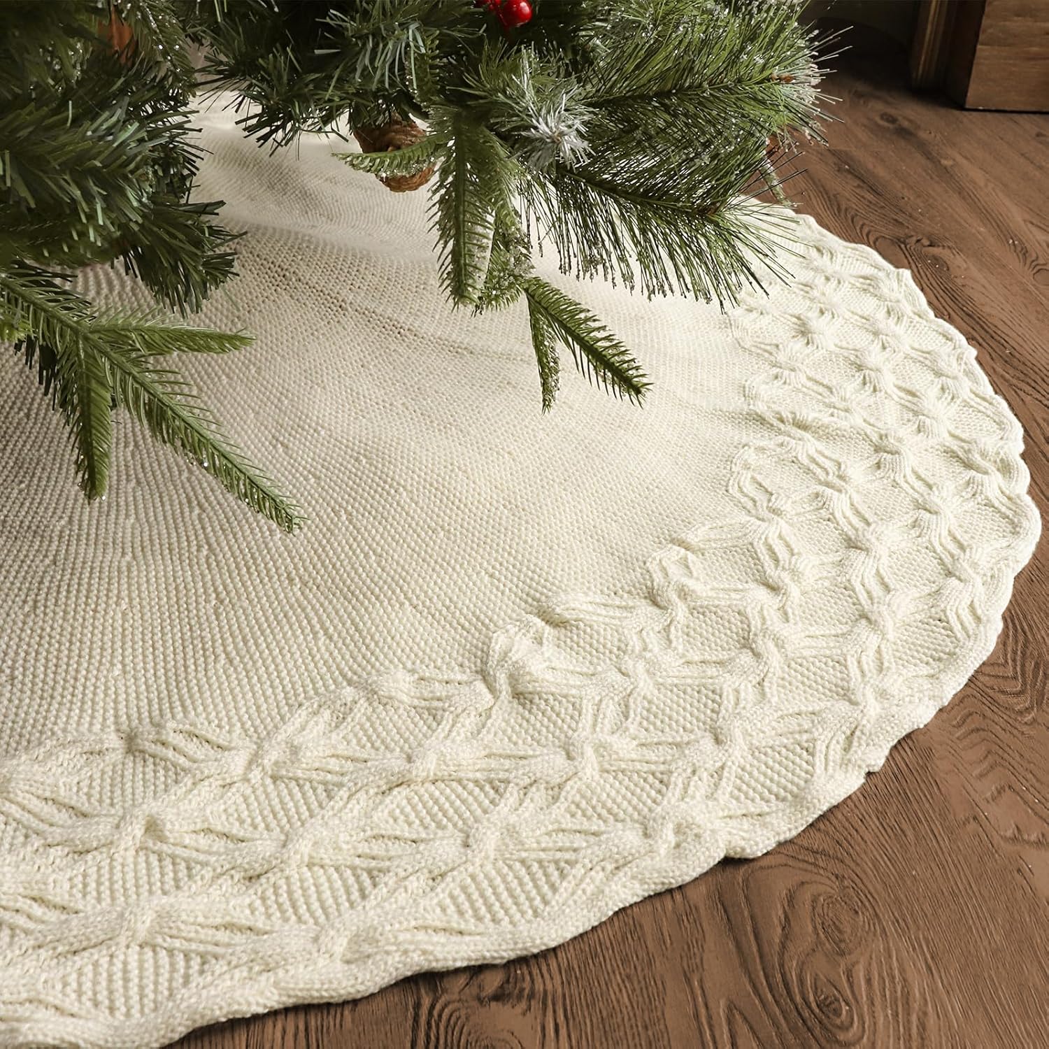 48 Inch Christmas Tree Skirt: Cable Knit Tree Skirt for 7.5FT Tree, Wine Red Tree Skirt, Vintage Tree Skirts, Rustic Farmhouse Christmas Decorations