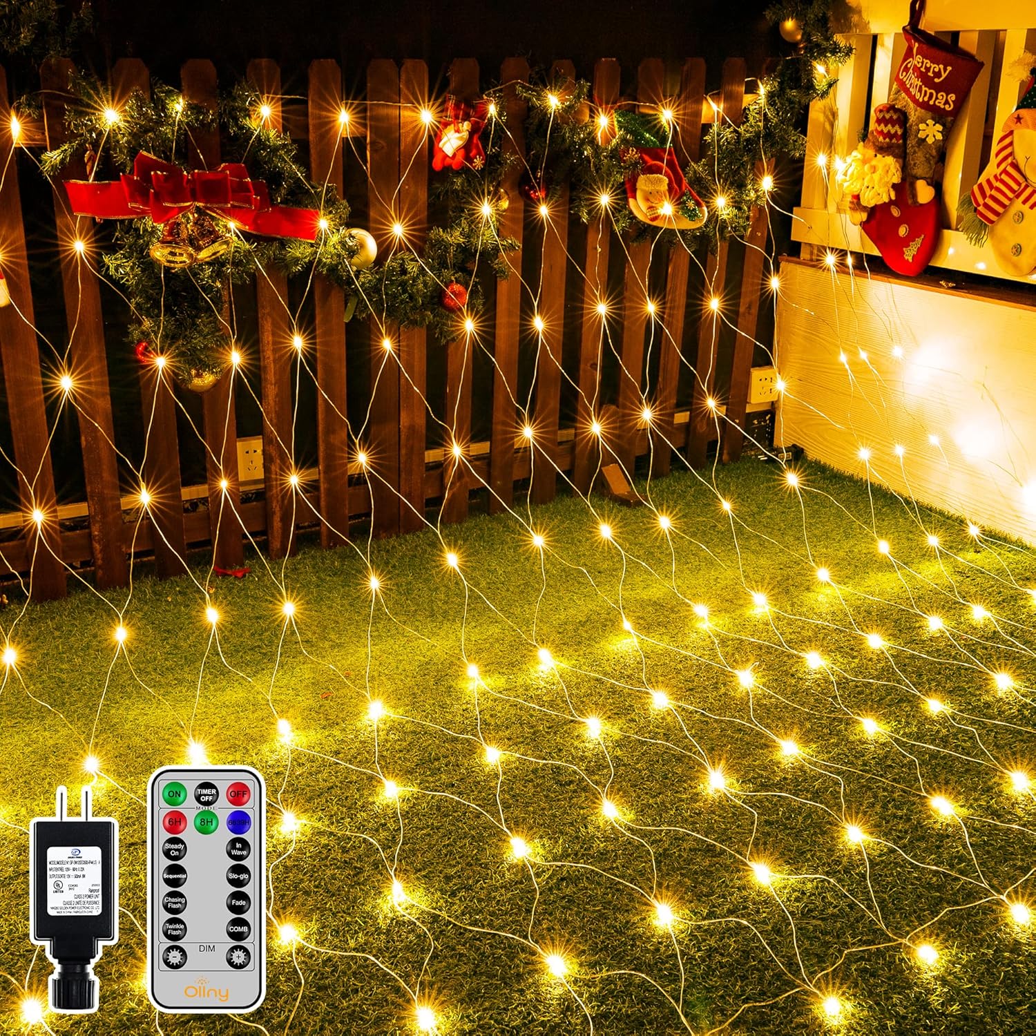 Ollny Net Lights Outdoor Mesh Light 10x7ft, 210LED Clear Wire Connectable Christmas Net Lights with 8 Modes, IP67 Waterproof Bush Light for Tree Wall Ceiling Outside Decorations, Warm White