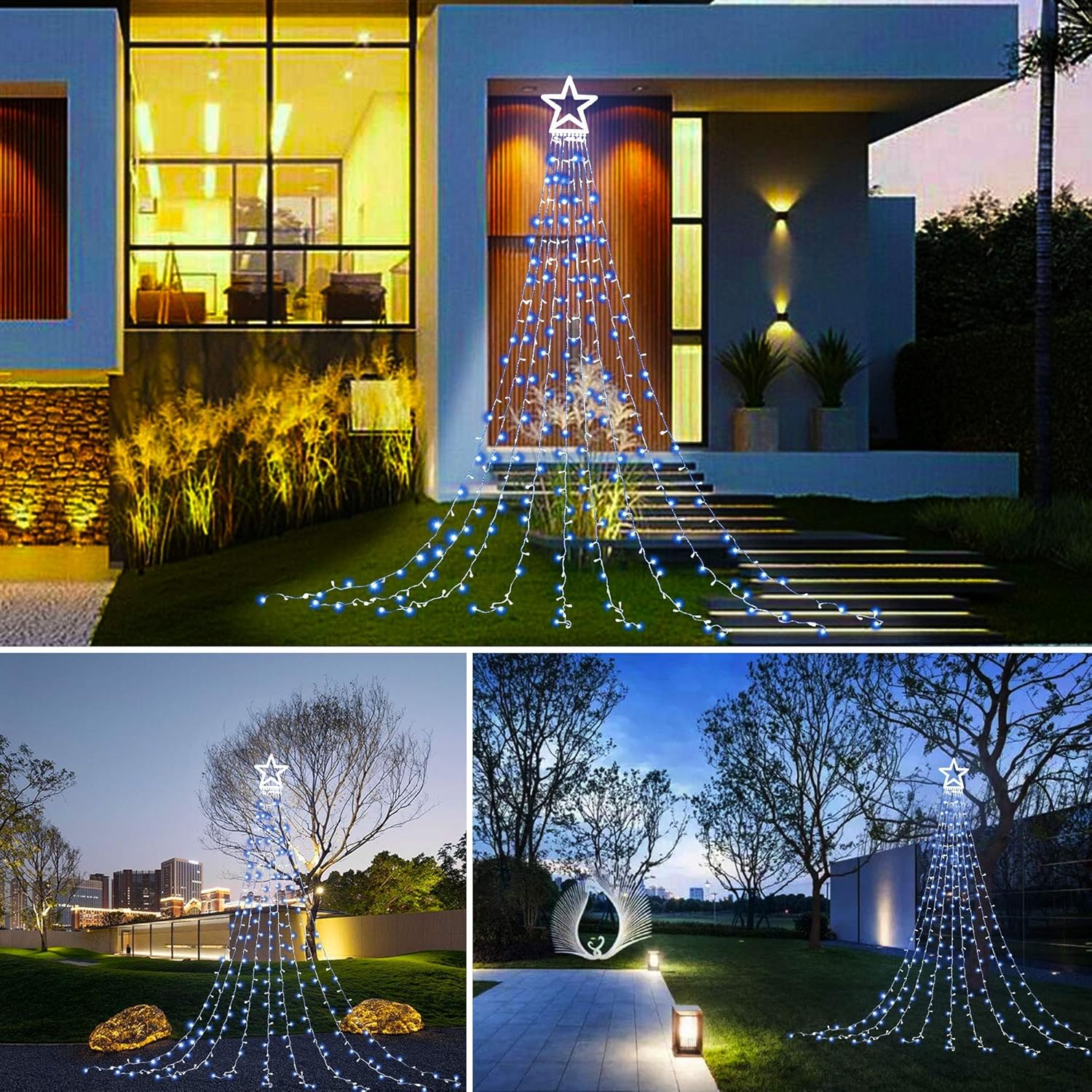 PUHONG Christmas Lights, Decorations Star Lights, 320 LED Christmas Tree Lights Outdoor, 16.4Ft String Lights, 8 Light Modes with 12 Lighted Star for Xmas New Year (Iron-Multicolor)