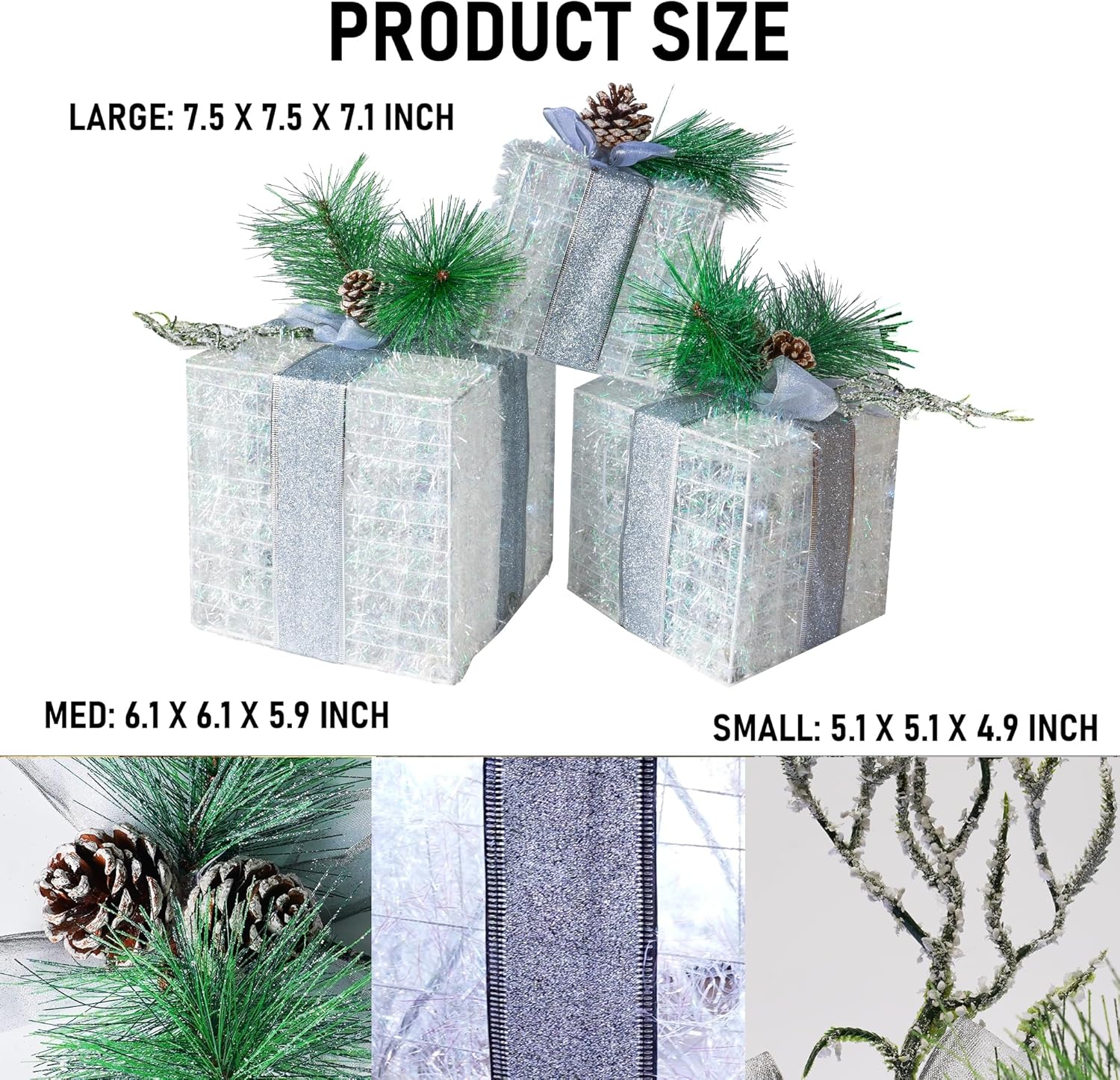 Hourleey Set of 3 Christmas Lighted Gift Boxes, Pre-lit 60 LED Light Up Present Boxes Ornament Outdoor Warm White Tinsel Boxes Decoration for Indoor Christmas Home Yard Lawn Decor