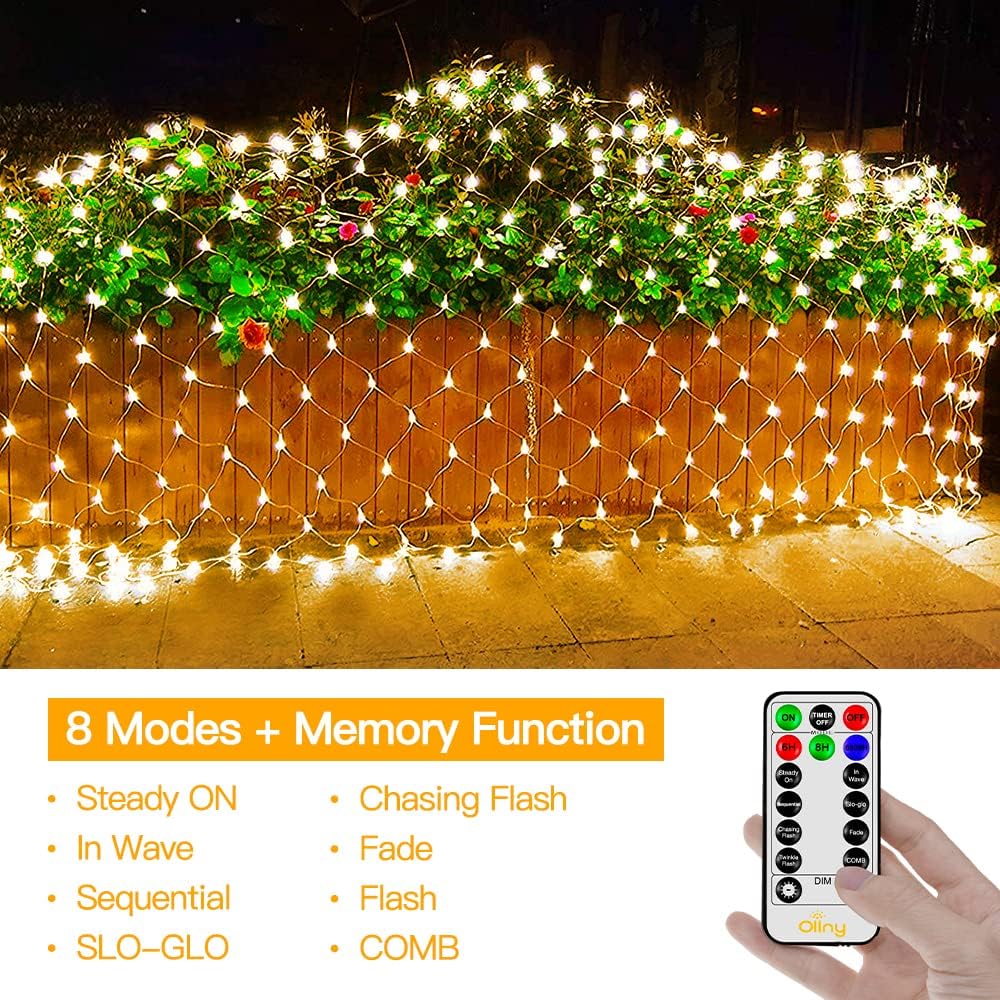Ollny Net Lights Outdoor Mesh Light 10x7ft, 210LED Clear Wire Connectable Christmas Net Lights with 8 Modes, IP67 Waterproof Bush Light for Tree Wall Ceiling Outside Decorations, Warm White