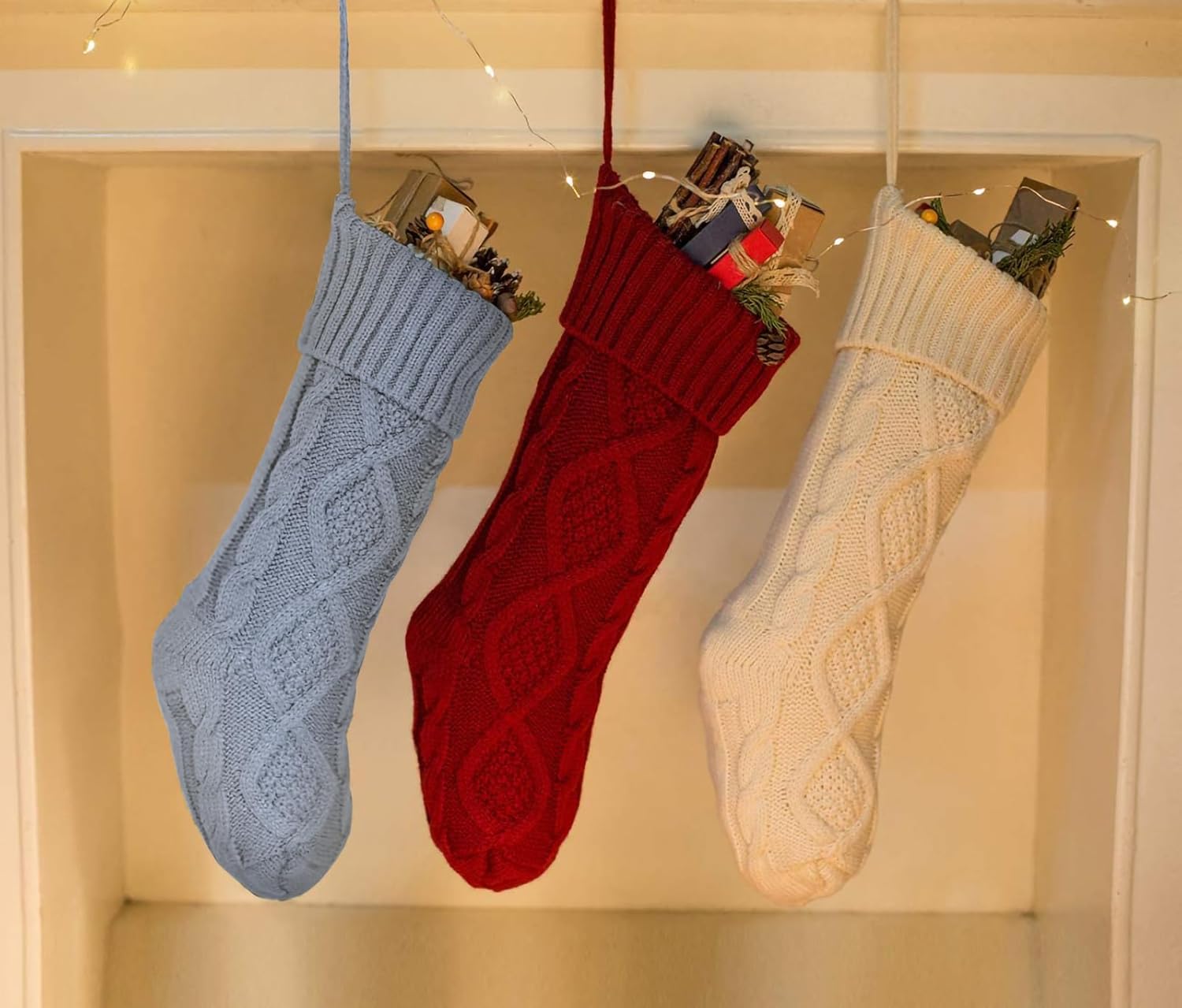 Fesciory 4 Pack Christmas Stockings 18 Inches Large Size Cable Knitted Stocking Gifts & Decorations for Family Holiday Xmas Party, Ivory White