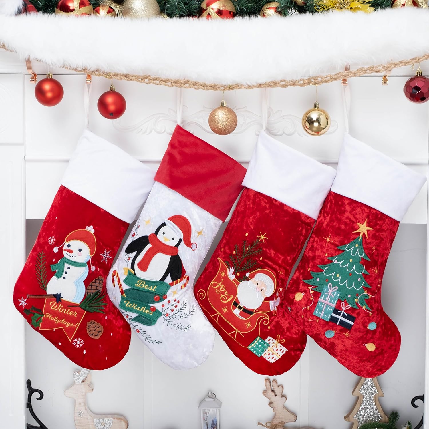 LUBOT Set of 8 Christmas Stocking(20inch) Silhouette Buffalo Red Plaid/Rustic/Farmhouse/Country Cotton Fireplace Hanging Xmas Stockings Decorations for Family Holiday Season Decor