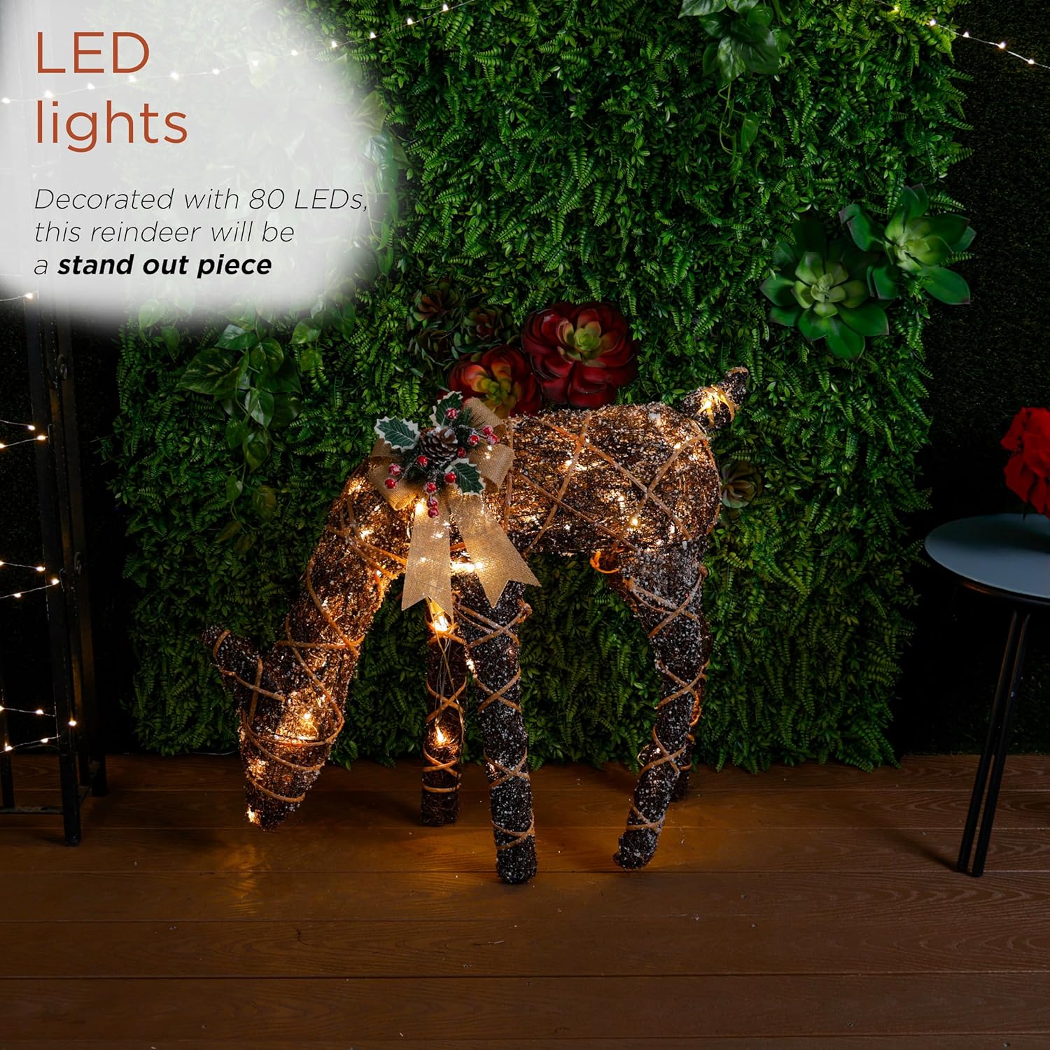 Alpine Corporation 24 Tall Outdoor Rattan Grazing Reindeer Lawn Decoration with White LED Lights, Christmas Yard Decor, Holiday Garden Display