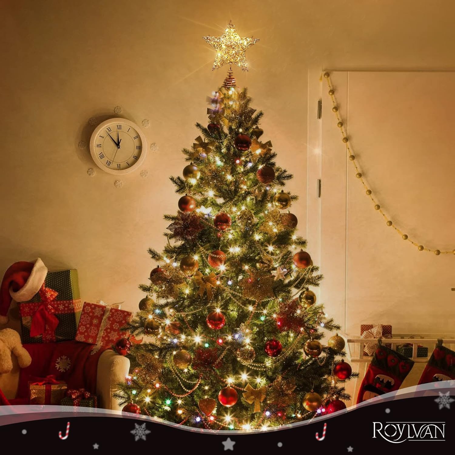 Roylvan Christmas Star Tree Topper with 8 Lighting Modes, USB Lighted Tree Topper with 20 LED Lights, Shiny Treetop Christmas Tree Decoration for Indoor Outdoor Holiday Home Ornament Gift, 9.8 Inch(H)