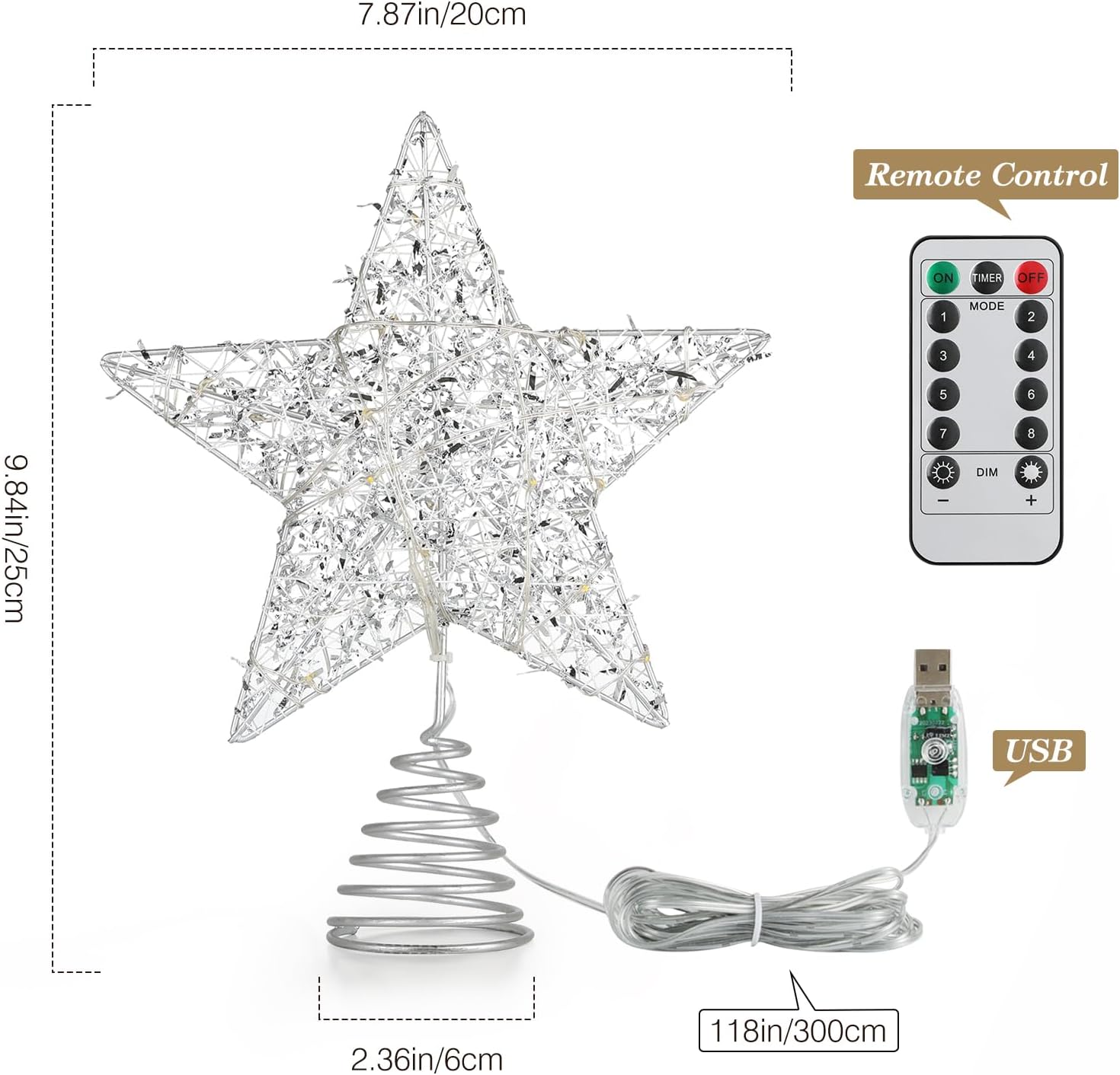 Roylvan Christmas Star Tree Topper with 8 Lighting Modes, USB Lighted Tree Topper with 20 LED Lights, Shiny Treetop Christmas Tree Decoration for Indoor Outdoor Holiday Home Ornament Gift, 9.8 Inch(H)