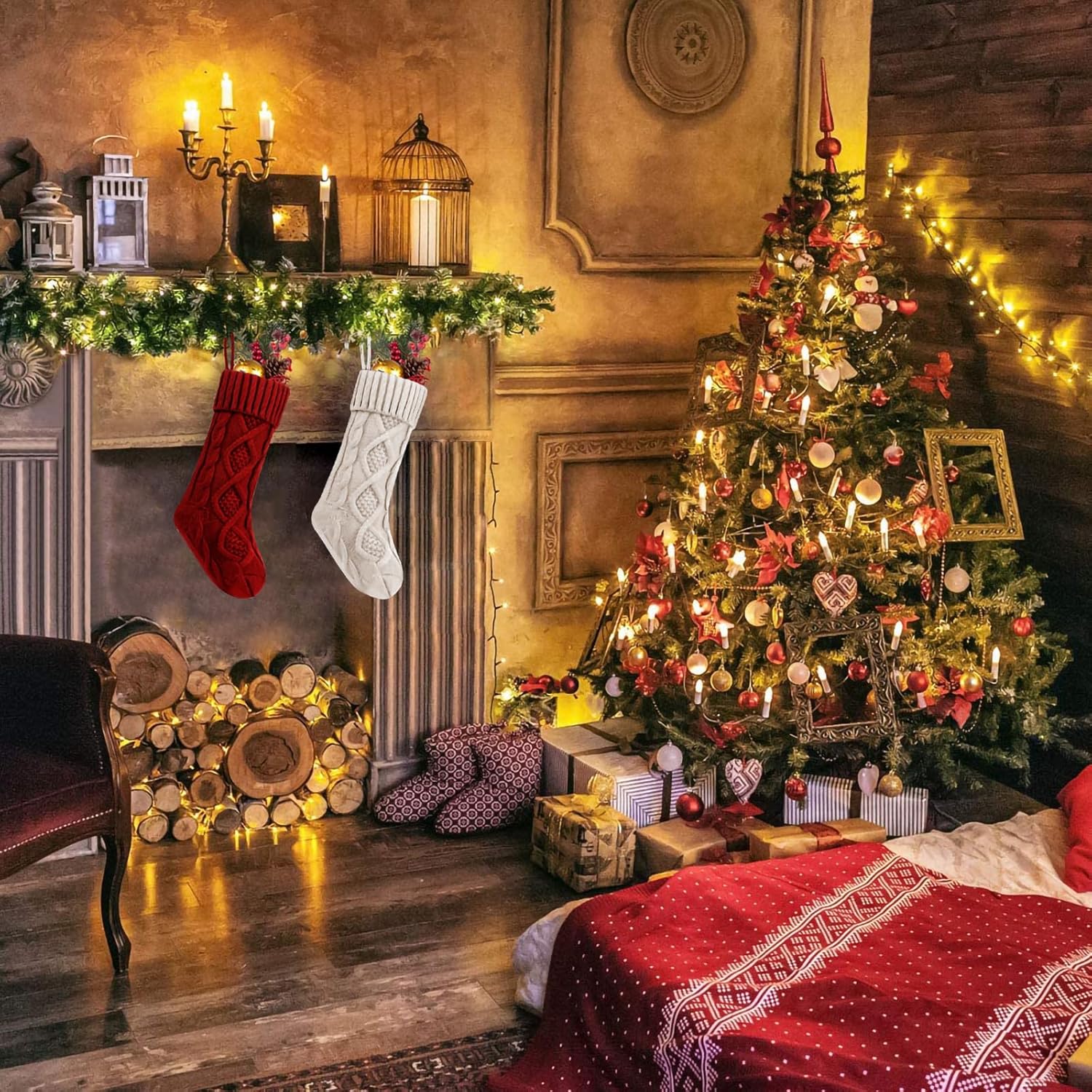 Fesciory 4 Pack Christmas Stockings 18 Inches Large Size Cable Knitted Stocking Gifts & Decorations for Family Holiday Xmas Party, Ivory White