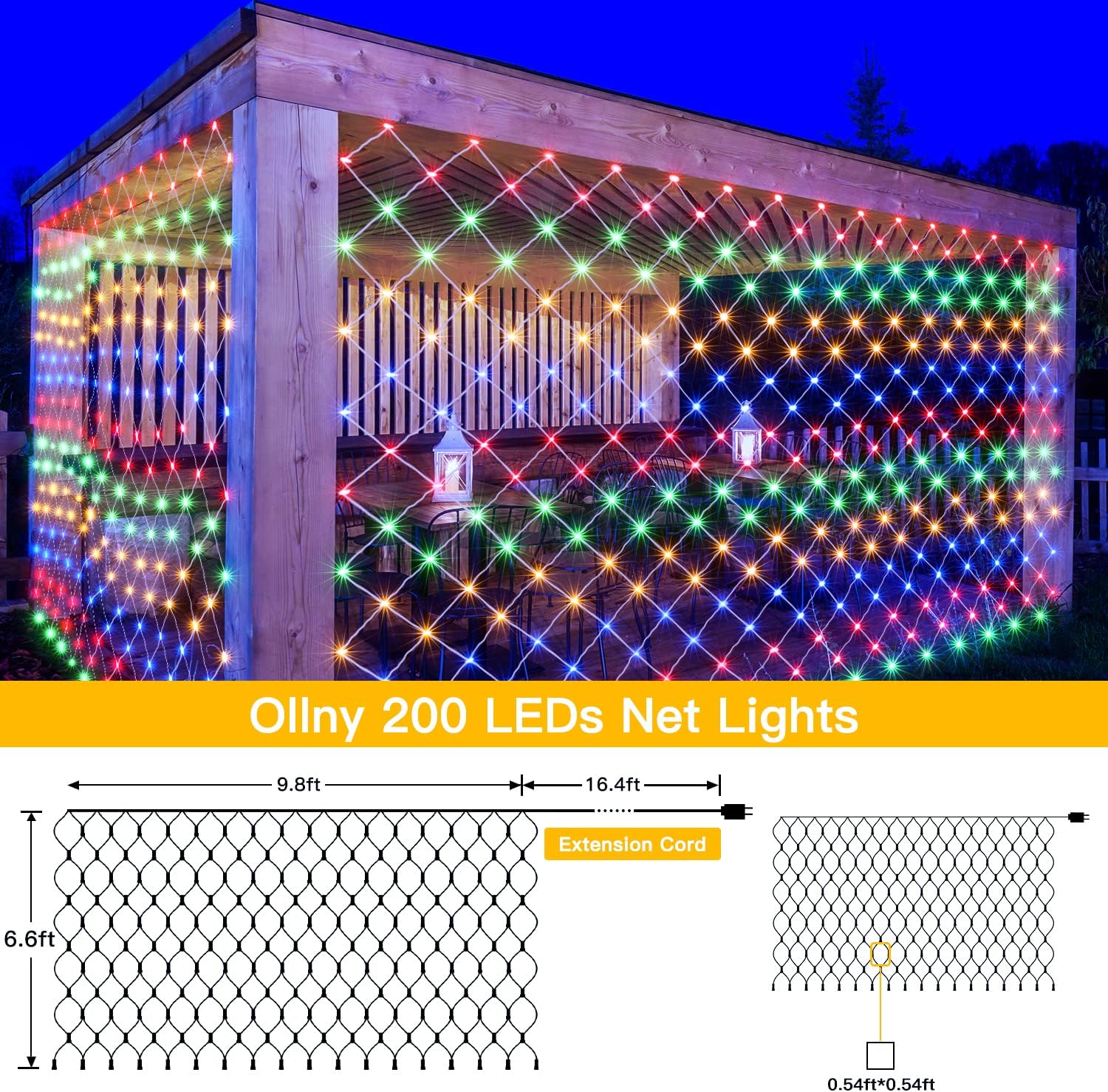 Ollny Net Lights Outdoor Mesh Light 10x7ft, 210LED Clear Wire Connectable Christmas Net Lights with 8 Modes, IP67 Waterproof Bush Light for Tree Wall Ceiling Outside Decorations, Warm White