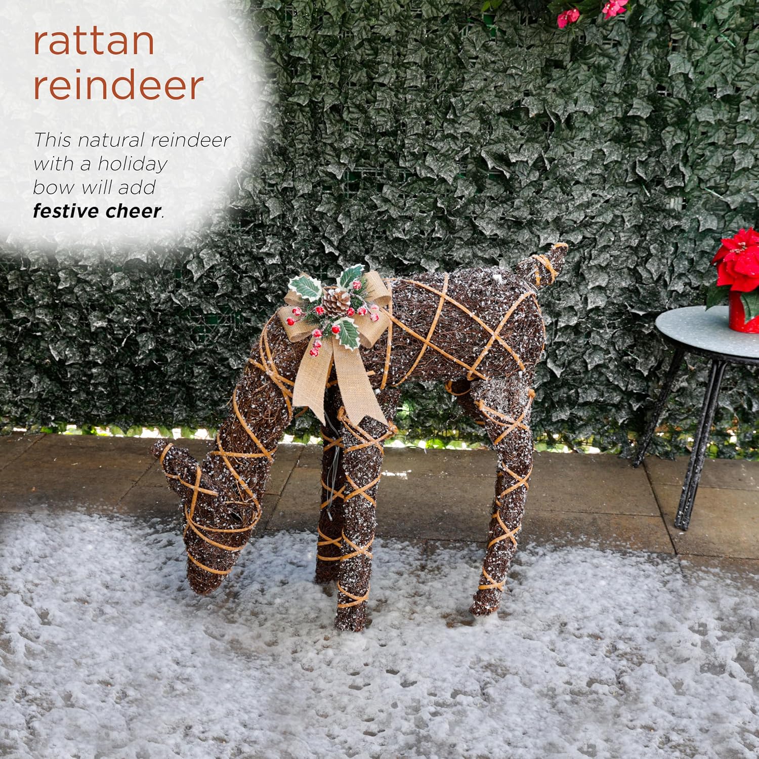 Alpine Corporation 24 Tall Outdoor Rattan Grazing Reindeer Lawn Decoration with White LED Lights, Christmas Yard Decor, Holiday Garden Display