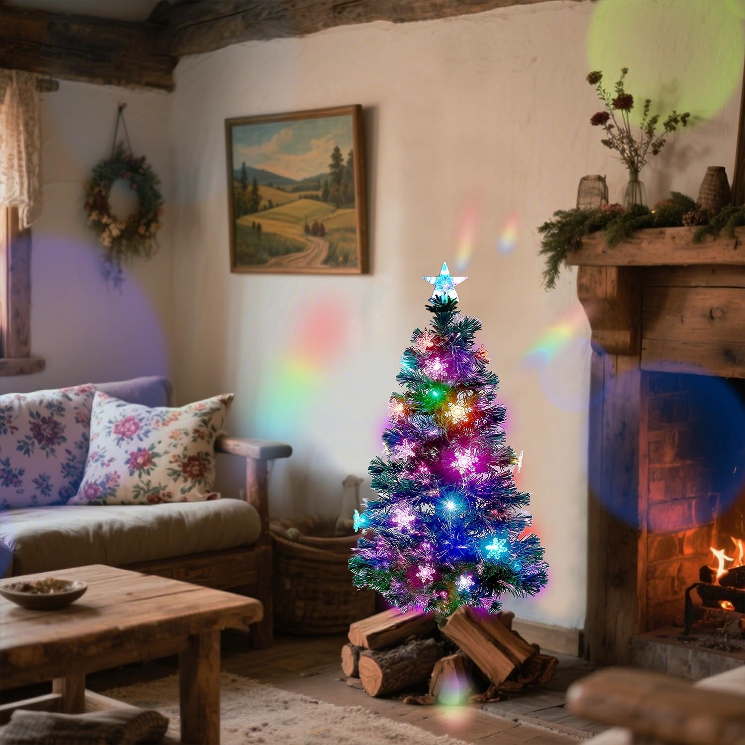 Juegoal 6 ft Pre-Lit Optical Fiber Christmas Artificial Tree, RGB Color Changing LED Lights, Snowflakes & Top Star, Fake Xmas Tree with Metal Legs