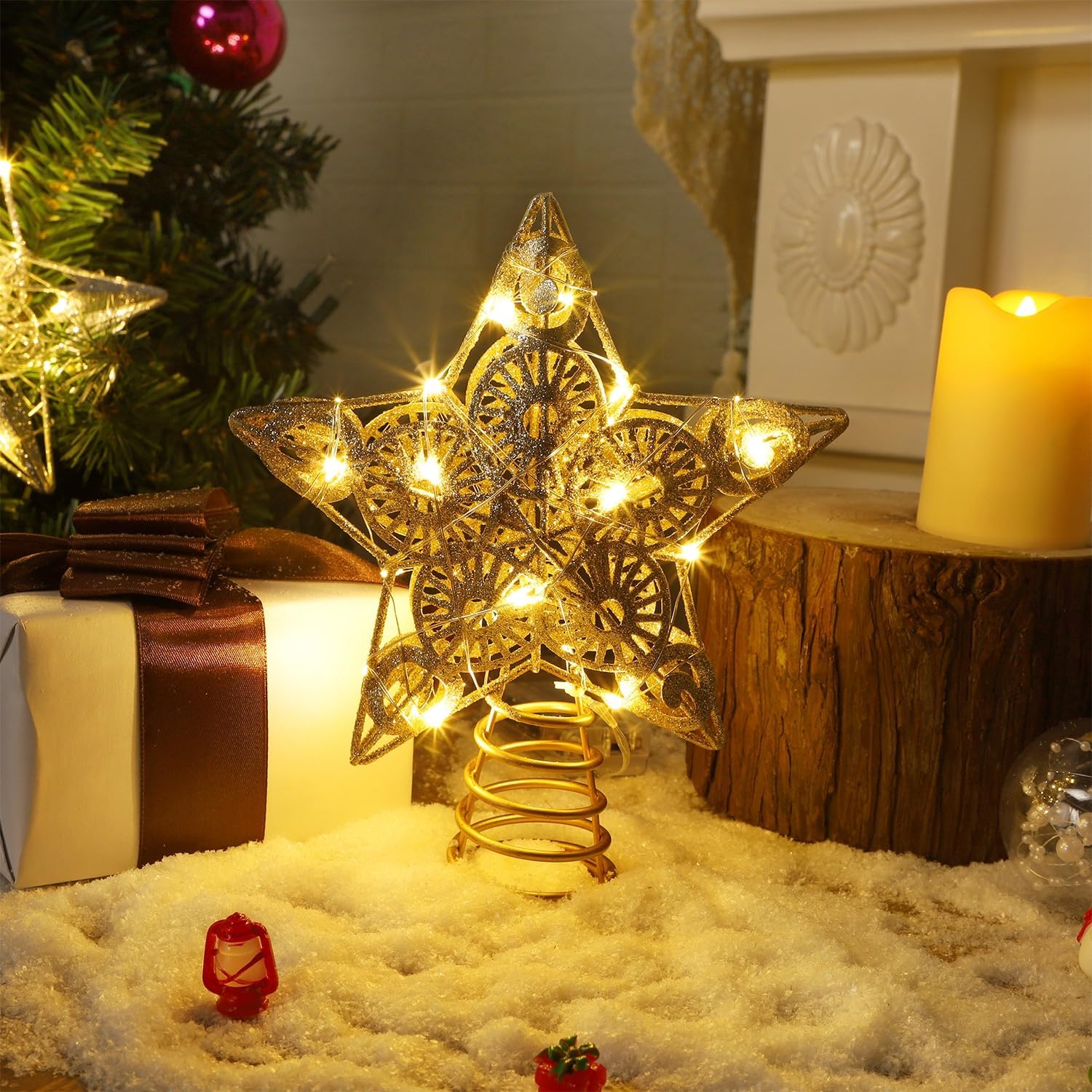 Juegoal Star Tree Topper with 20 LED Lights, Metal Golden Lighted Treetop Ornaments, Battery Powered Light Up Christmas Tree Decorations, 6.5 x 6.5 Inches