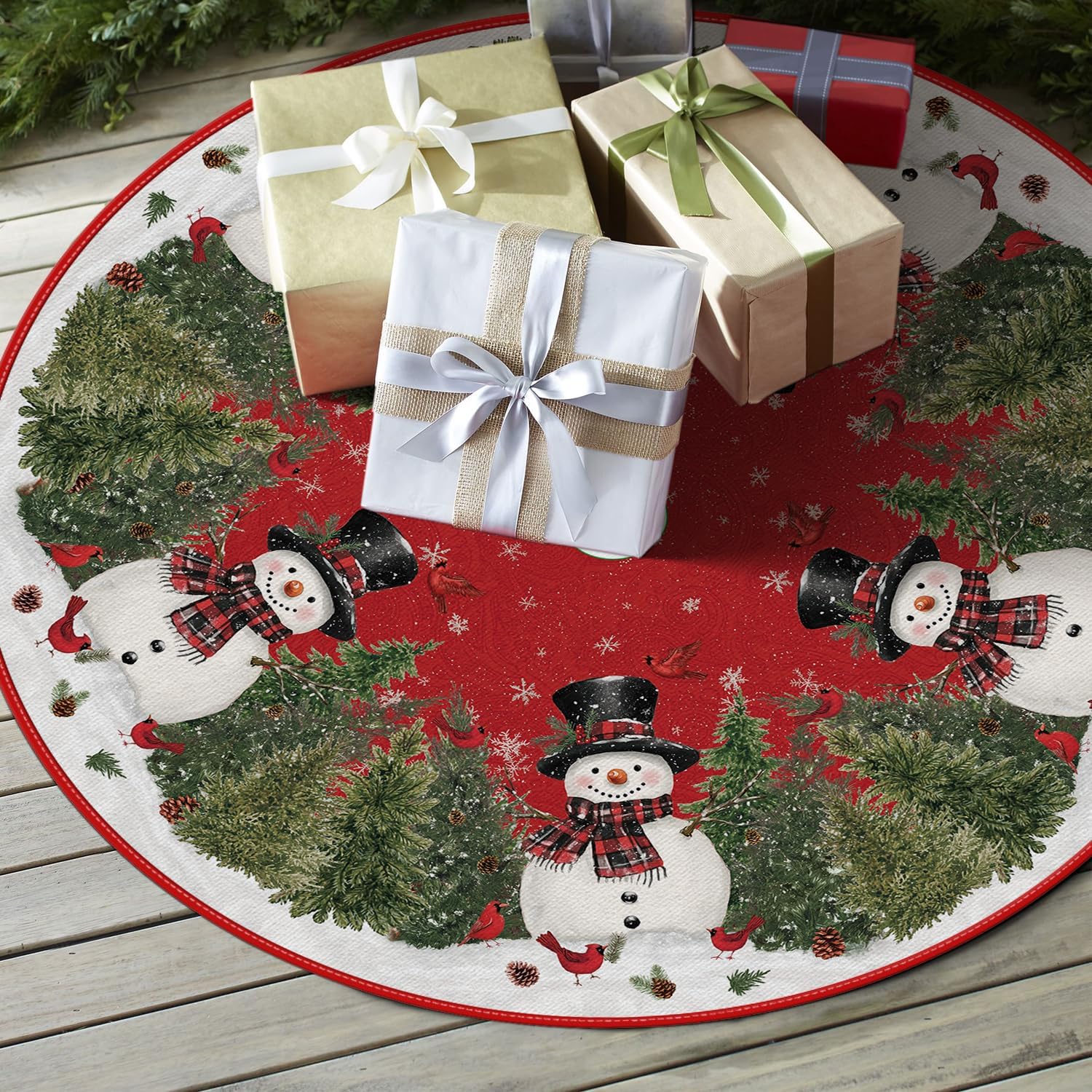 Cardinals Cedar Snowman with Scarf Christmas Tree Skirt, Xmas Winter Holiday Party Tree Mat Indoor Outdoor Decoration 36 Inch