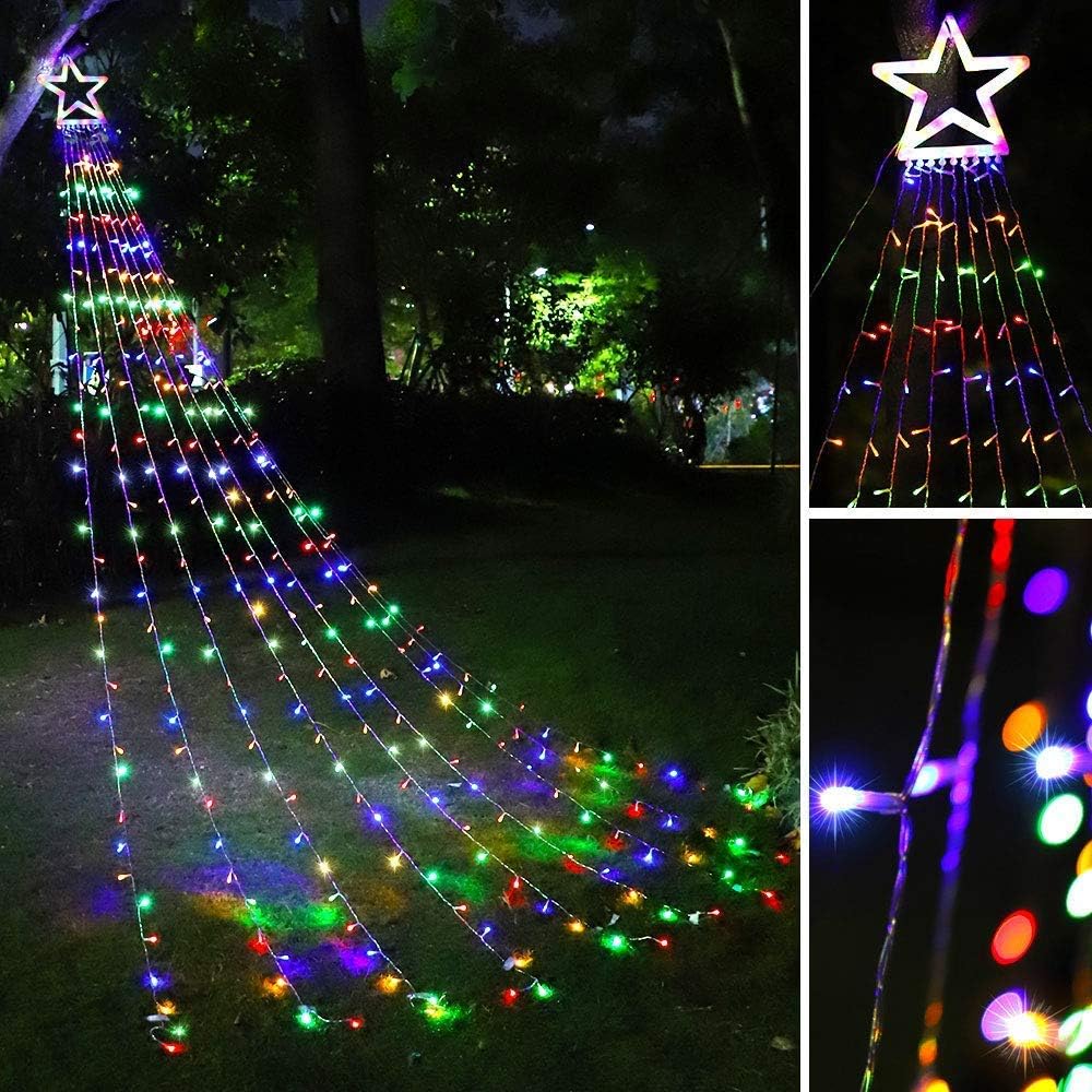 PUHONG Christmas Lights, Decorations Star Lights, 320 LED Christmas Tree Lights Outdoor, 16.4Ft String Lights, 8 Light Modes with 12 Lighted Star for Xmas New Year (Iron-Multicolor)