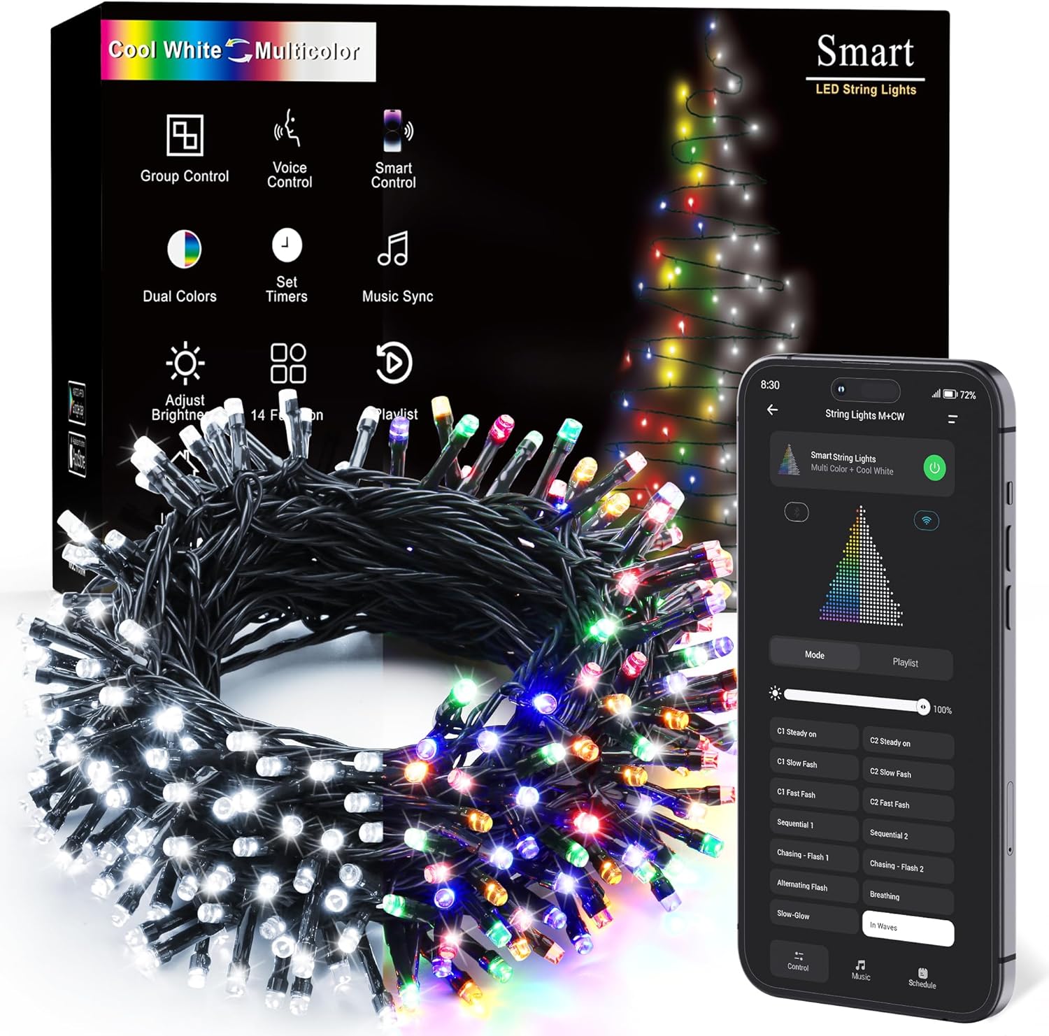 Brizled Color Changing Christmas Lights, 65.67ft 200 LED Cool White & Multicolor Christmas Lights, 11 Modes Remote Dimmable 29V Safe Adapter Outdoor Christmas Tree Lights String for Xmas Party Tree