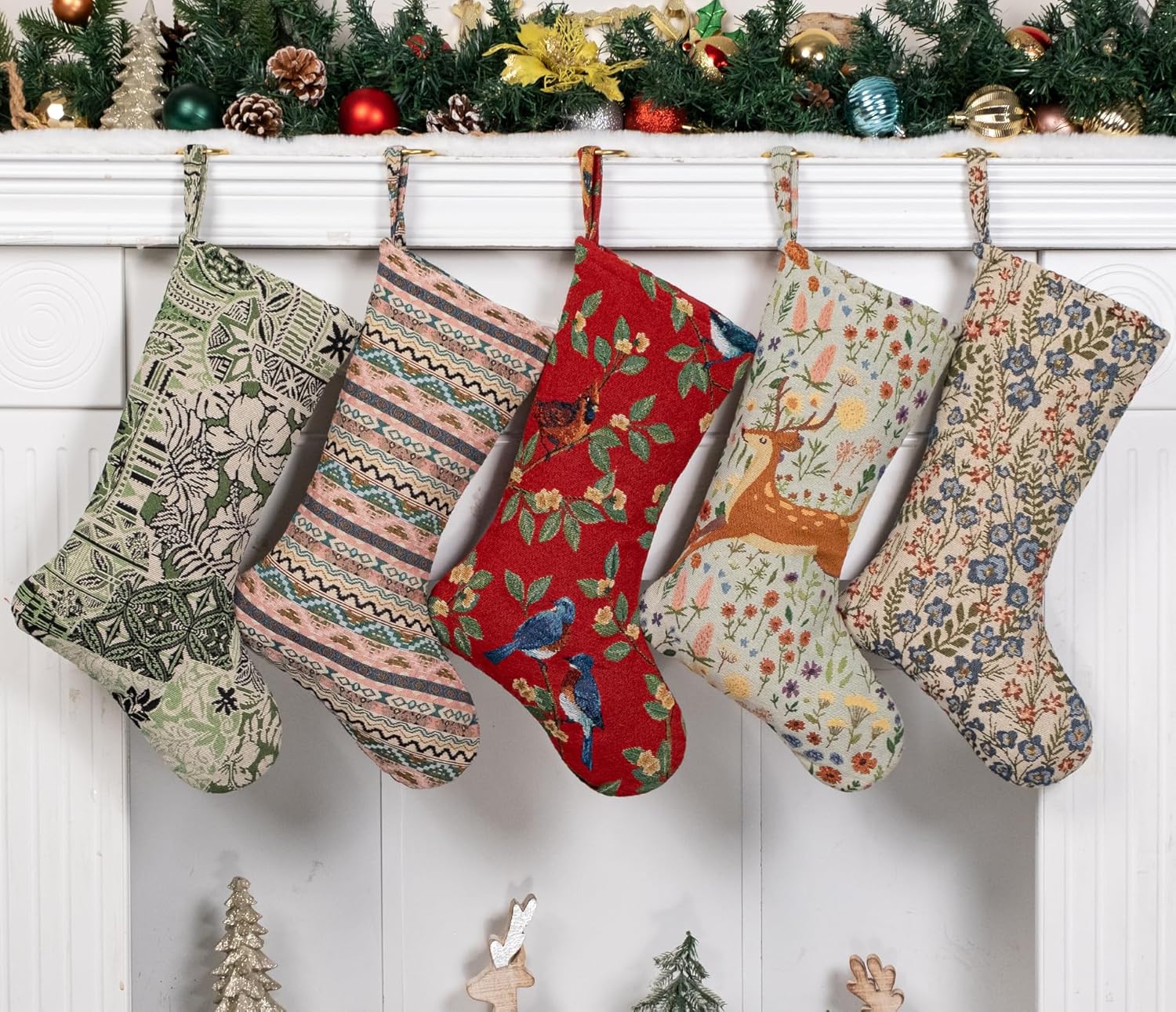 LUBOT Set of 8 Christmas Stocking(20inch) Silhouette Buffalo Red Plaid/Rustic/Farmhouse/Country Cotton Fireplace Hanging Xmas Stockings Decorations for Family Holiday Season Decor