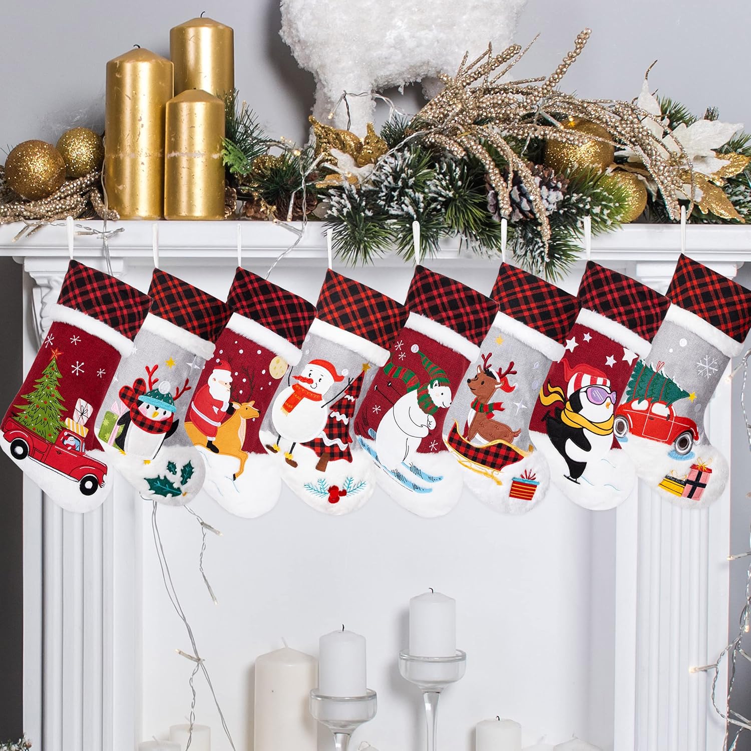 LUBOT Set of 8 Christmas Stocking(20inch) Silhouette Buffalo Red Plaid/Rustic/Farmhouse/Country Cotton Fireplace Hanging Xmas Stockings Decorations for Family Holiday Season Decor
