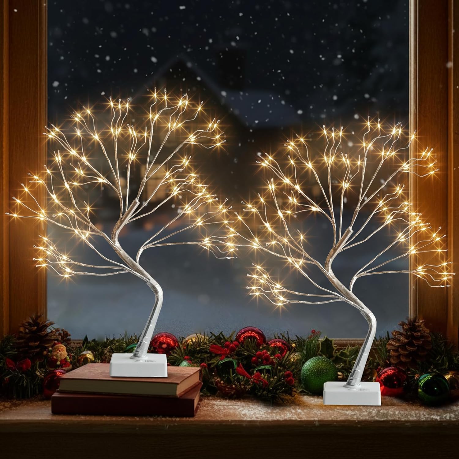 EAMBRITE Home Decorations Light Up White Birch Tree Indoor Christmas Decor, 4 Pack Battery Operated/USB Lighted Tabletop Money Tree Lamp Led Lights Xmas Wedding Centerpiece Table Room (2 Ft)