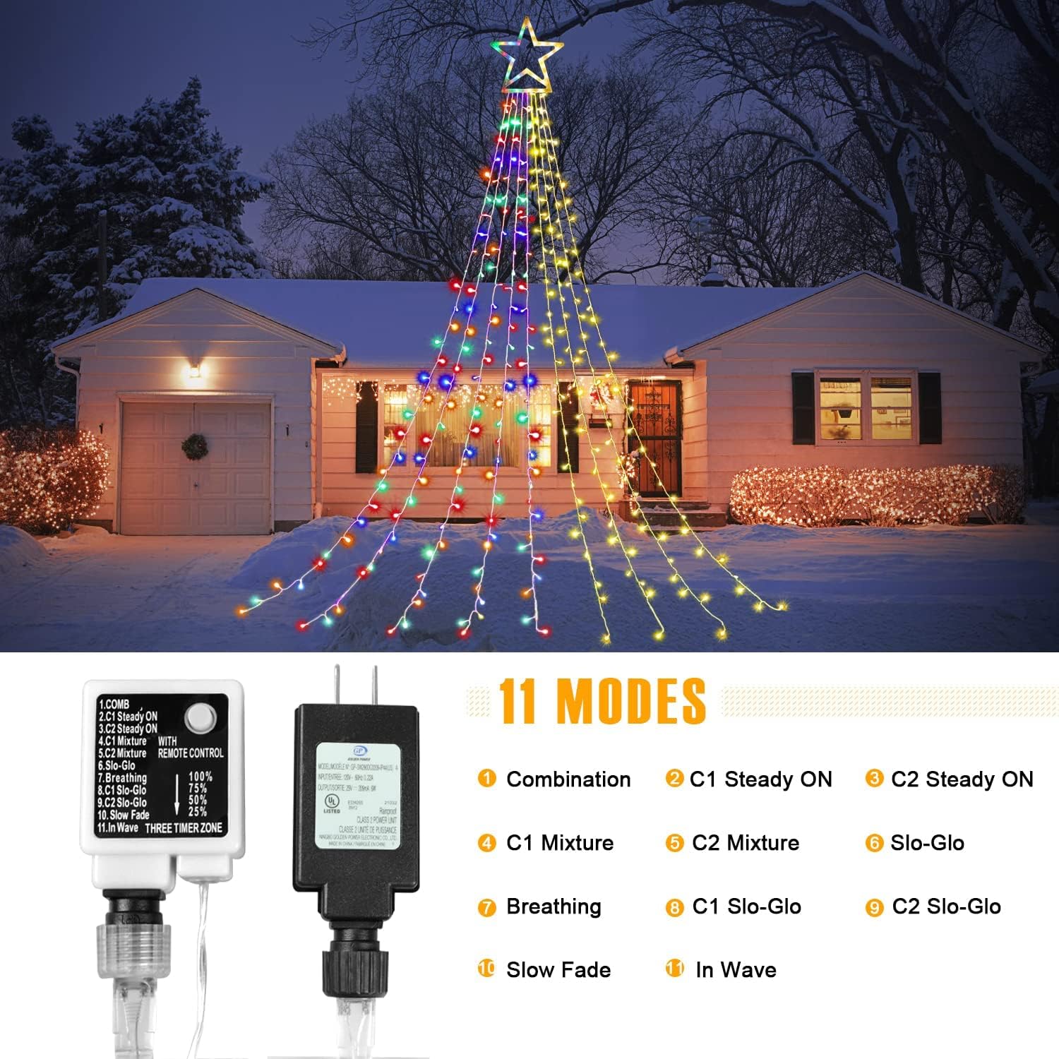 PUHONG Christmas Lights, Decorations Star Lights, 320 LED Christmas Tree Lights Outdoor, 16.4Ft String Lights, 8 Light Modes with 12 Lighted Star for Xmas New Year (Iron-Multicolor)