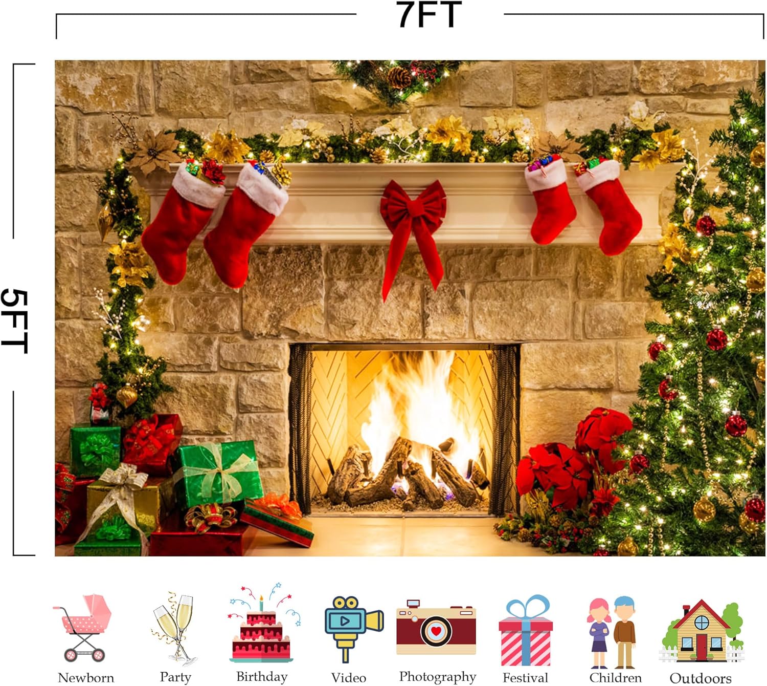 Christmas Fireplace Theme Backdrop for Photography Soft Wrinkle Free Fabric Tree Sock Decorations for Xmas Party Supplies Photo Background Pictures Banner Studio Decor Booth Props