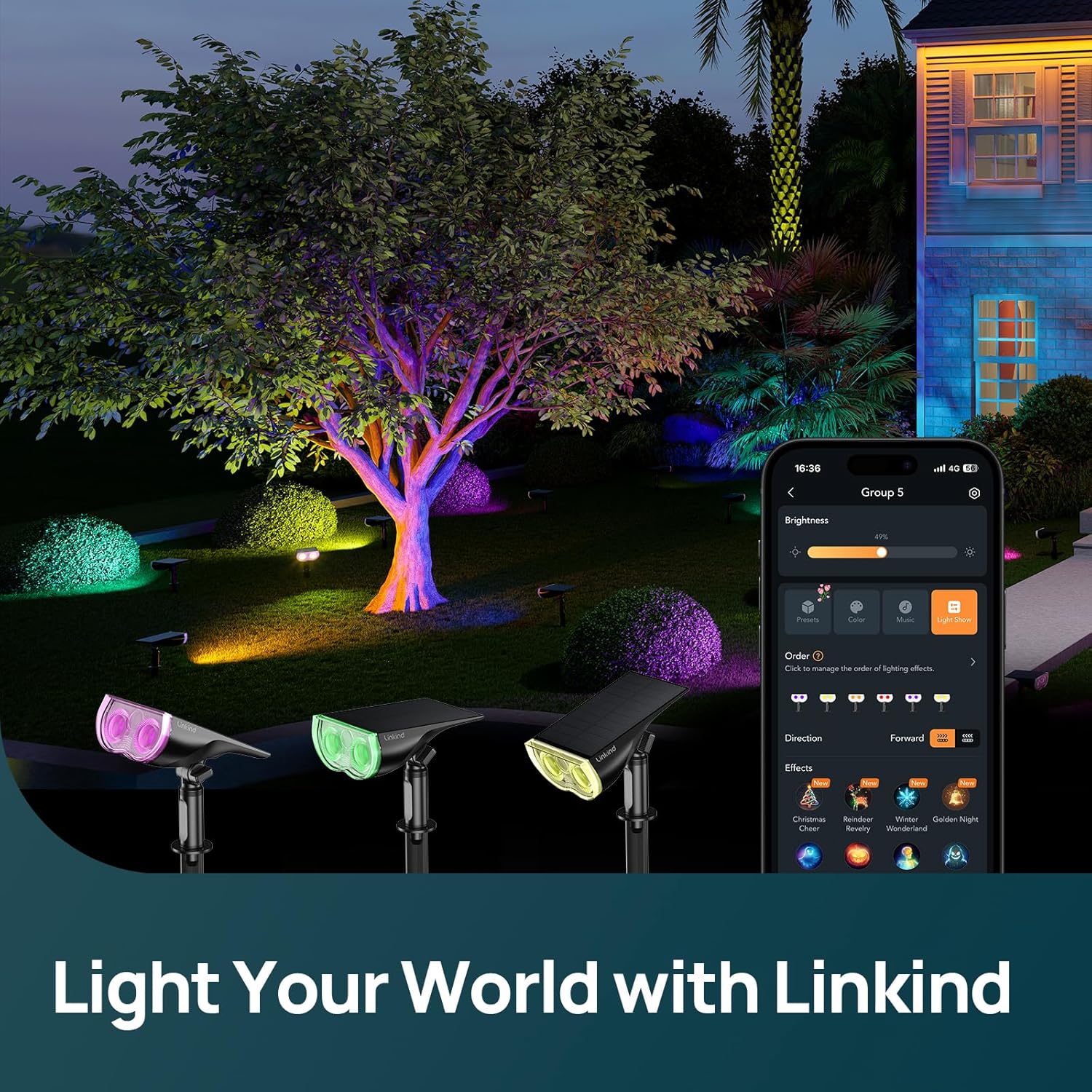 Linkind Smart Solar Spot Lights Outdoor SL5C, Solar Lights Outdoor Spotlight Color Changing APP/Voice Control Landscape Lighting, IP67 Christmas Decorations for Yard, Garden, Pathway(2 Pack)