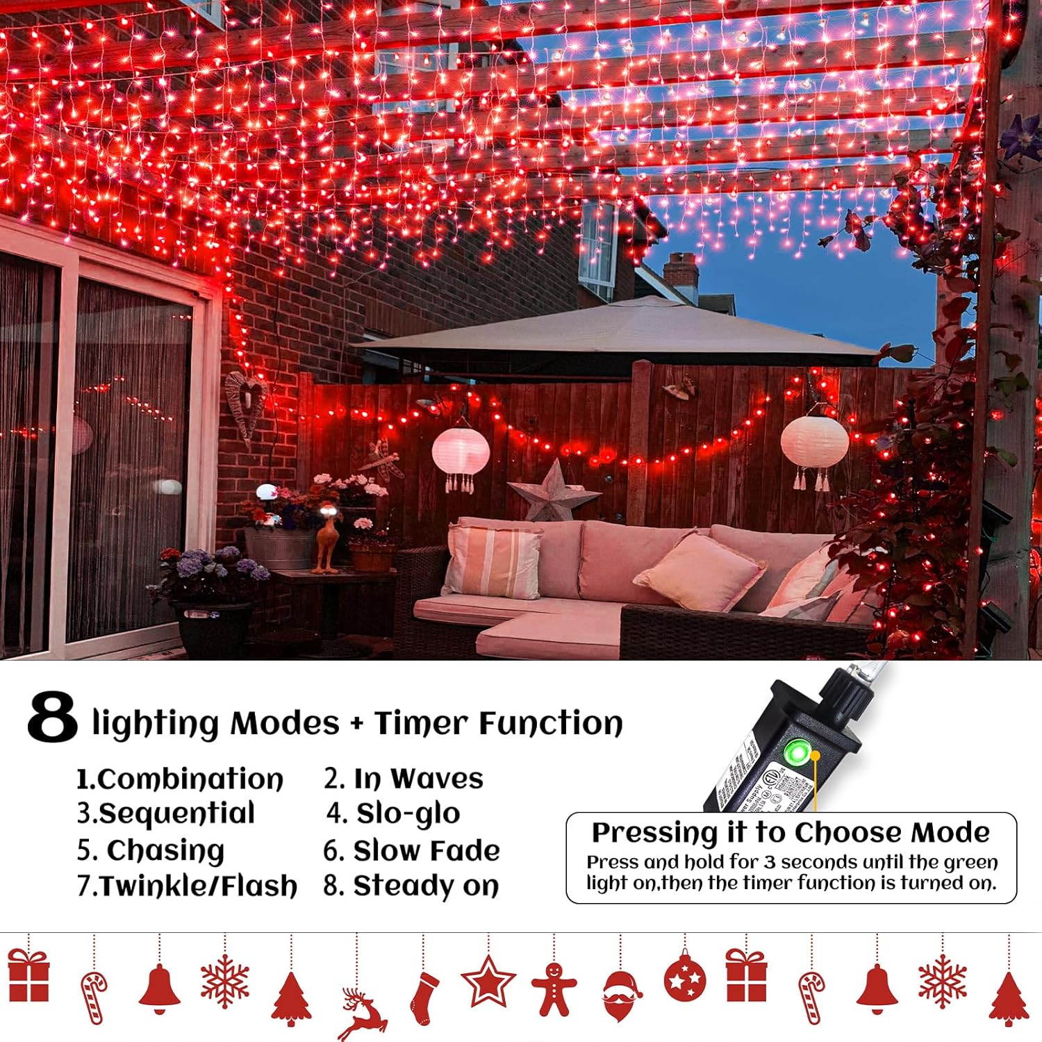 66ft Icicle Lights for Outside - 640 LED Christmas Lights Outdoor with 120 Drops 8 Modes, Plug in Twinkle Light Outside for Holiday Wedding Party Tree Room Indoor Thanksgiving Decoration, Warm White