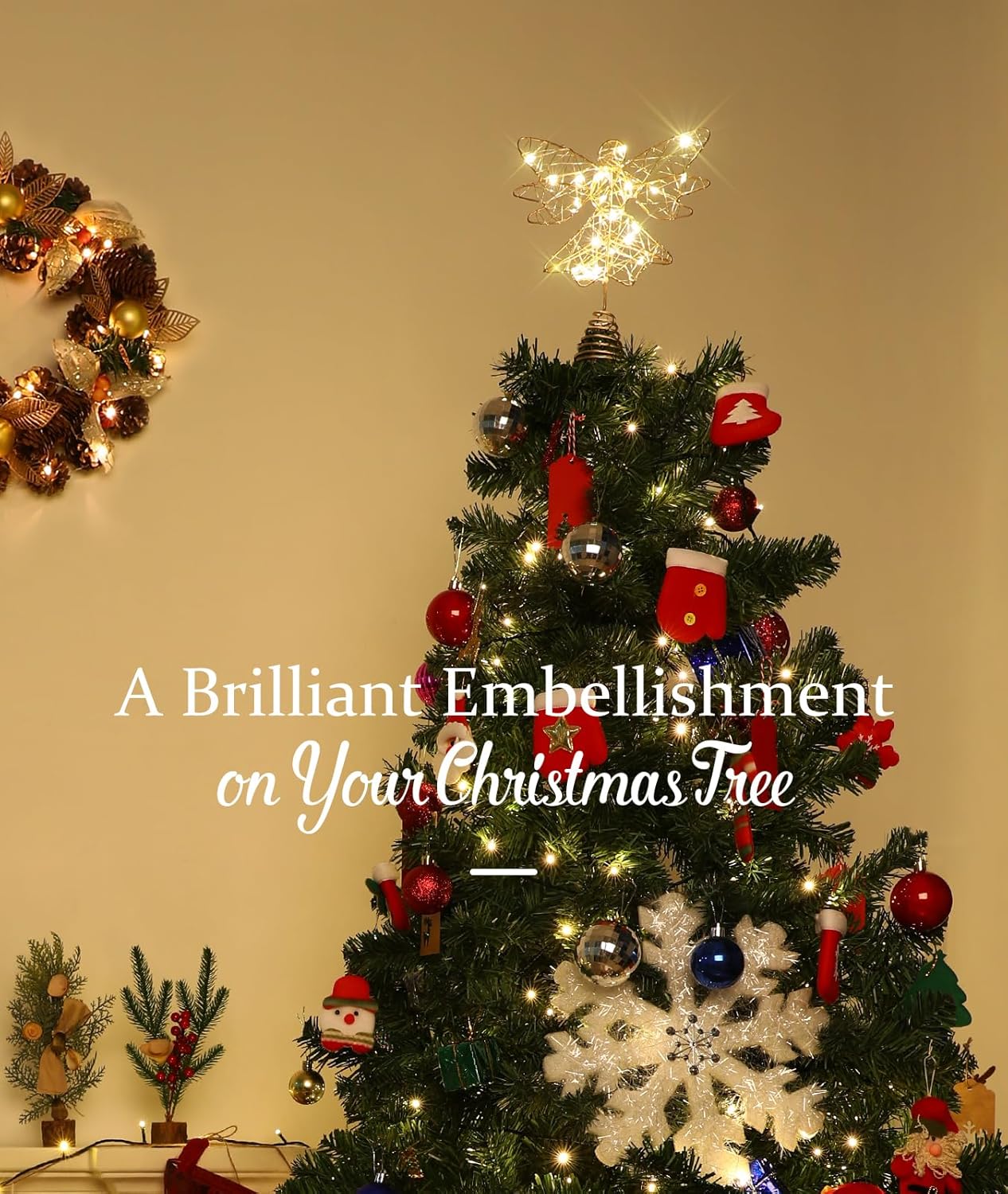 Roylvan Christmas Star Tree Topper with 8 Lighting Modes, USB Lighted Tree Topper with 20 LED Lights, Shiny Treetop Christmas Tree Decoration for Indoor Outdoor Holiday Home Ornament Gift, 9.8 Inch(H)