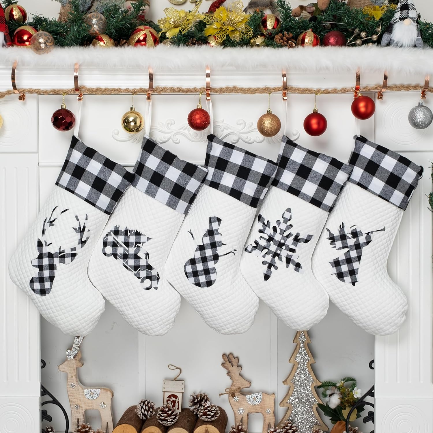 LUBOT Set of 8 Christmas Stocking(20inch) Silhouette Buffalo Red Plaid/Rustic/Farmhouse/Country Cotton Fireplace Hanging Xmas Stockings Decorations for Family Holiday Season Decor