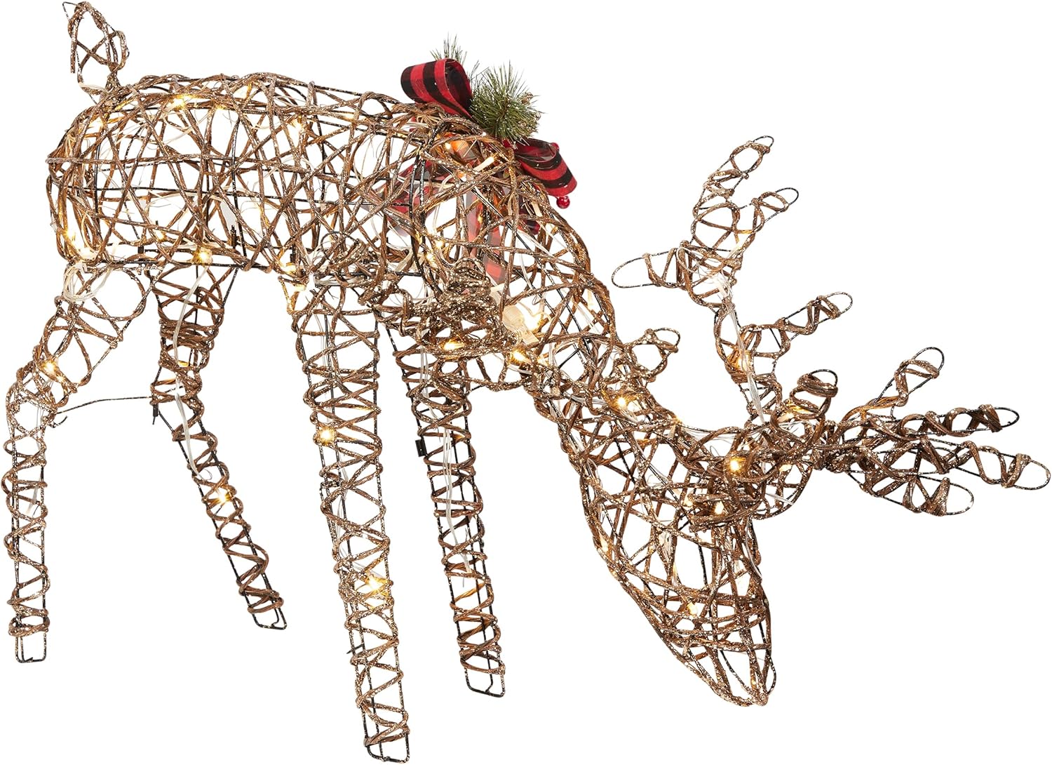 Alpine Corporation 24 Tall Outdoor Rattan Grazing Reindeer Lawn Decoration with White LED Lights, Christmas Yard Decor, Holiday Garden Display