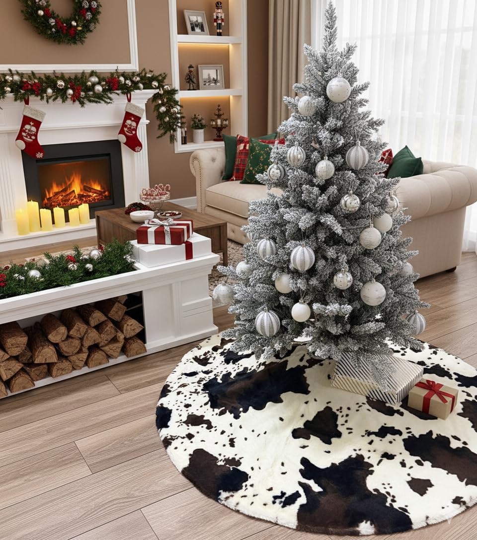 60 Inch Cow Faux Fur Christmas Tree Skirt Holiday Decor for Xmas Tree, Festive Party, Home Decorations