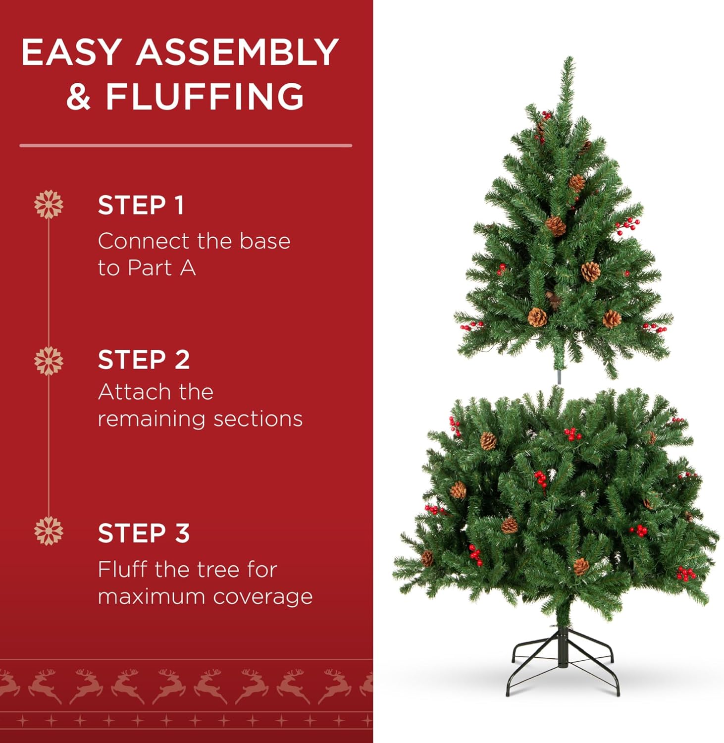 Best Choice Products 6ft Pre-Lit Pre-Decorated Spruce Hinged Artificial Christmas Tree w/ 798 Tips, Pinecones, Berries, 250 Lights, Metal Base