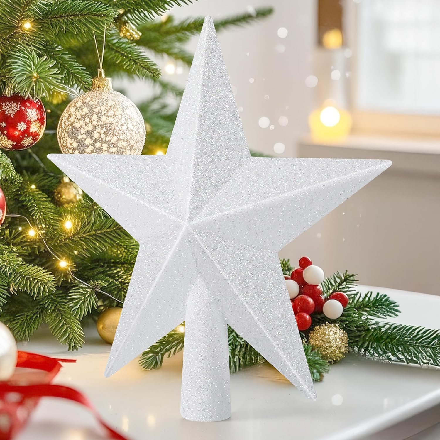 Christmas Tree Star Topper, 8 Gold Xmas Star Tree Decorations, 3D Shatterproof Bethlehem Star Tree Topper Decorations, Waterproof Christmas Tree Topper Decor for Holiday Home Outdoor Ornament