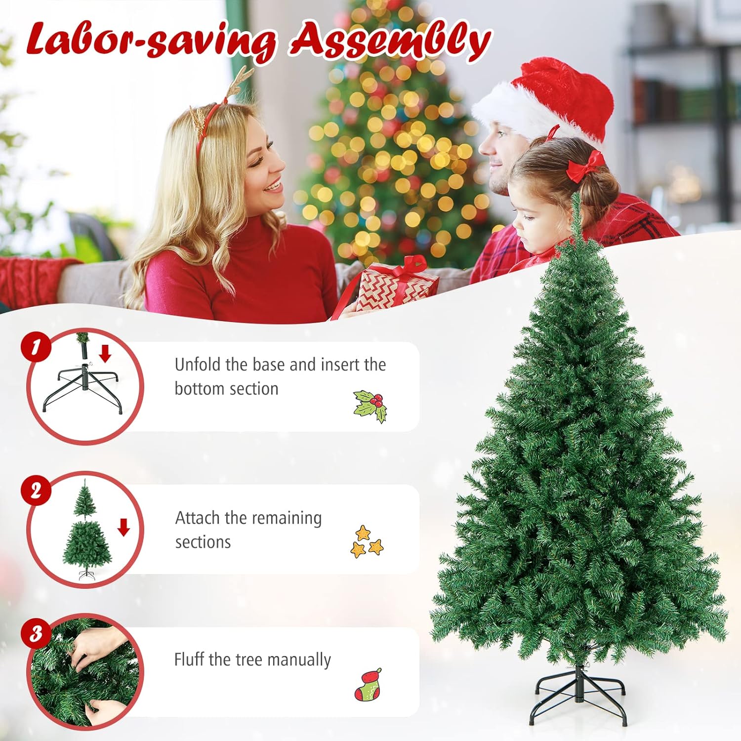 Goplus 8ft Artificial Christmas Tree, Unlit Christmas Pine Tree with 1138 PVC Branch Tips, Foldable Metal Stand, Xmas Full Tree for Indoor Home Office Decor