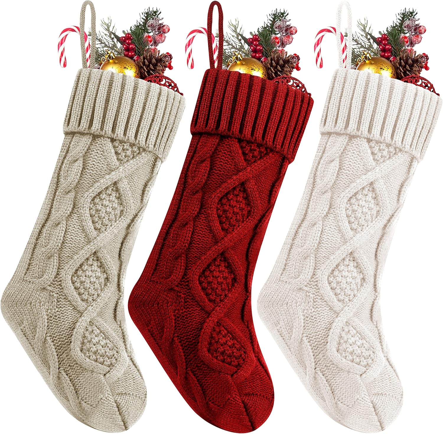 Fesciory 4 Pack Christmas Stockings 18 Inches Large Size Cable Knitted Stocking Gifts & Decorations for Family Holiday Xmas Party, Ivory White