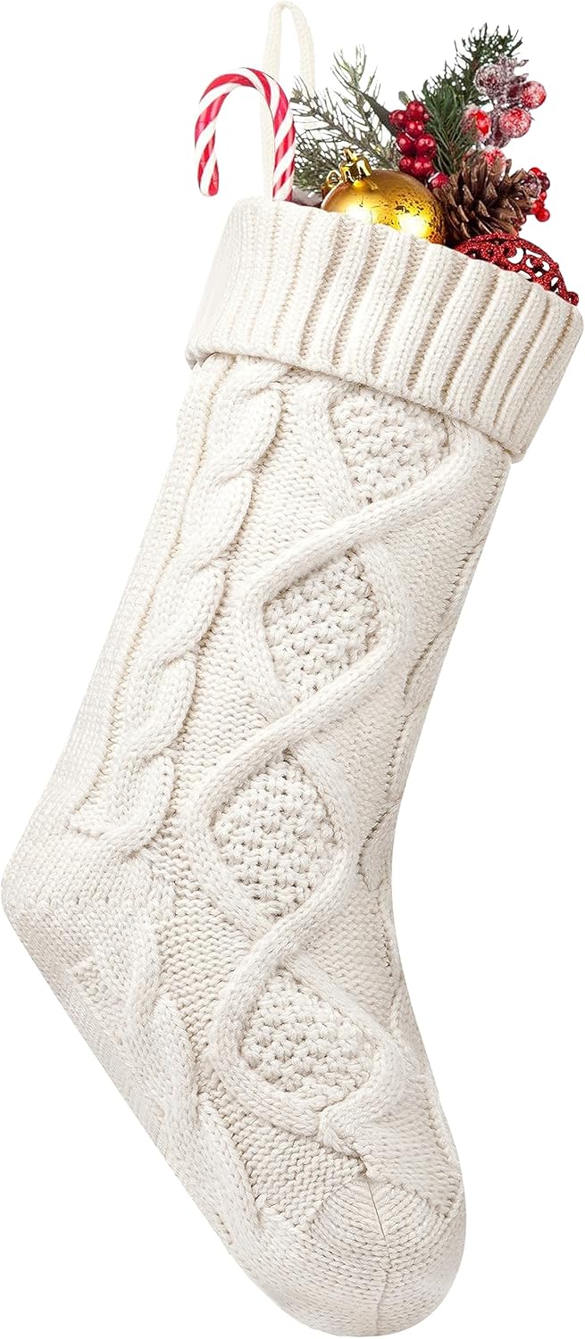 Fesciory 4 Pack Christmas Stockings 18 Inches Large Size Cable Knitted Stocking Gifts & Decorations for Family Holiday Xmas Party, Ivory White