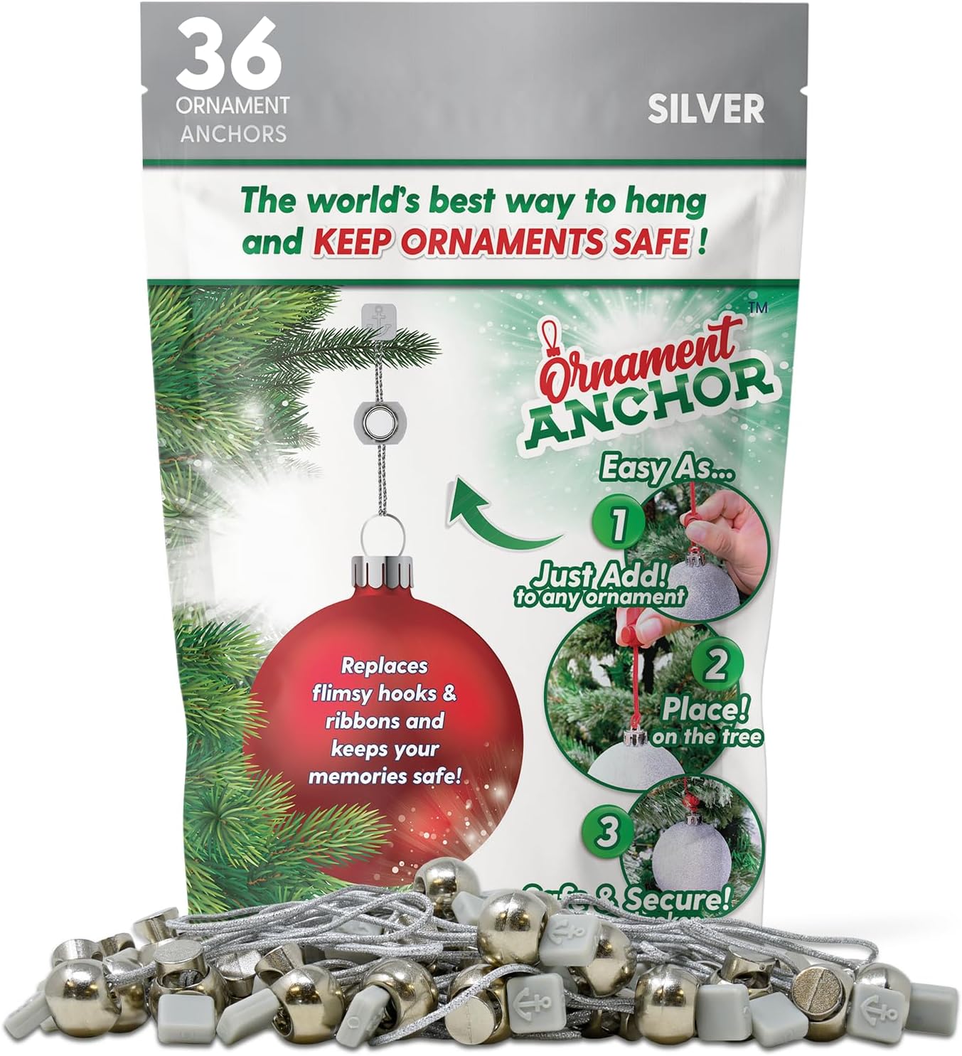 ORNAMENT ANCHOR Ornament Hooks for Hanging Christmas Decorations - No-Slip Hanging Hooks for Xmas - Heavy Duty Christmas Tree Ornaments Hanger Hooks for Small & Large Ornaments (Green, 24 Count)