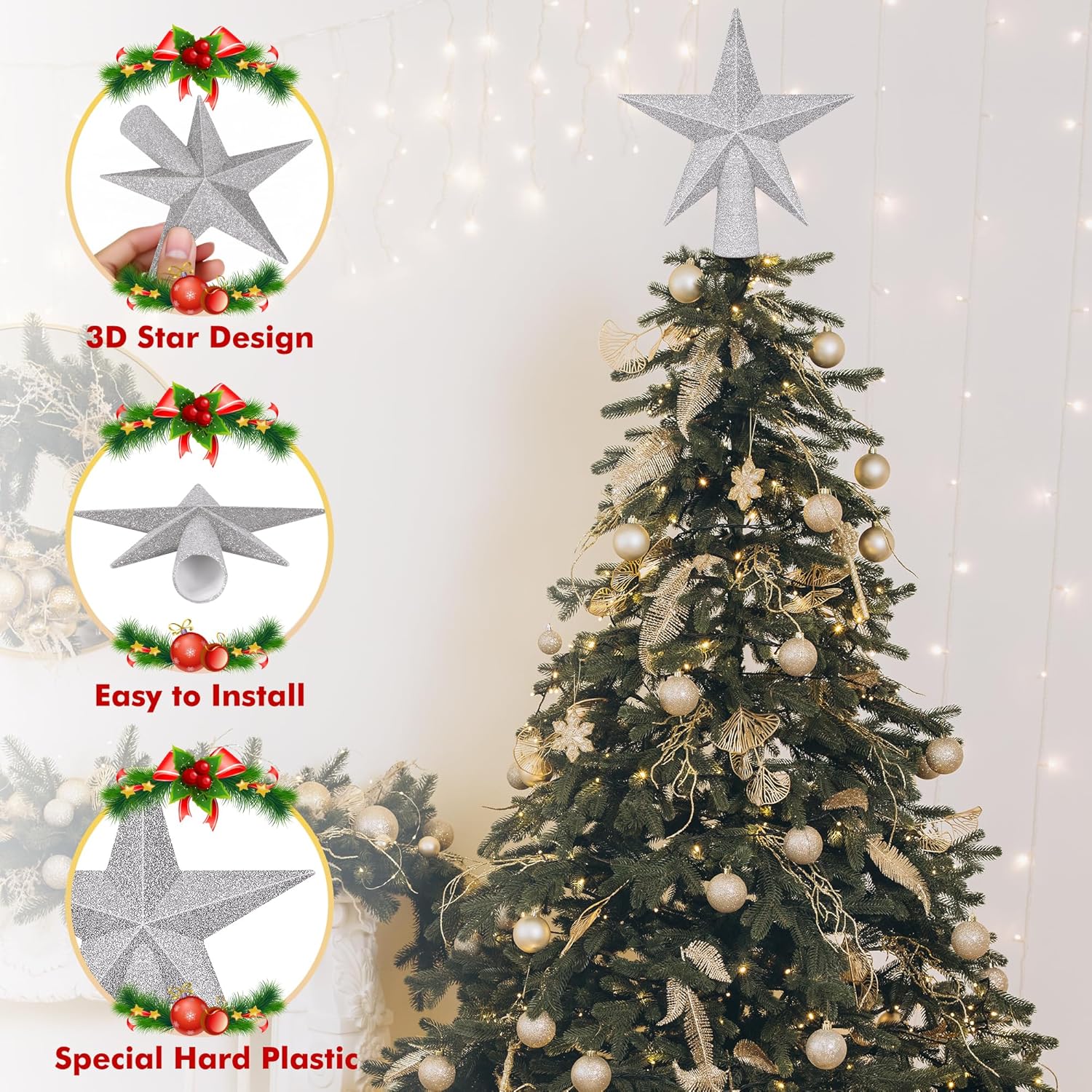 Christmas Tree Star Topper, 8 Gold Xmas Star Tree Decorations, 3D Shatterproof Bethlehem Star Tree Topper Decorations, Waterproof Christmas Tree Topper Decor for Holiday Home Outdoor Ornament