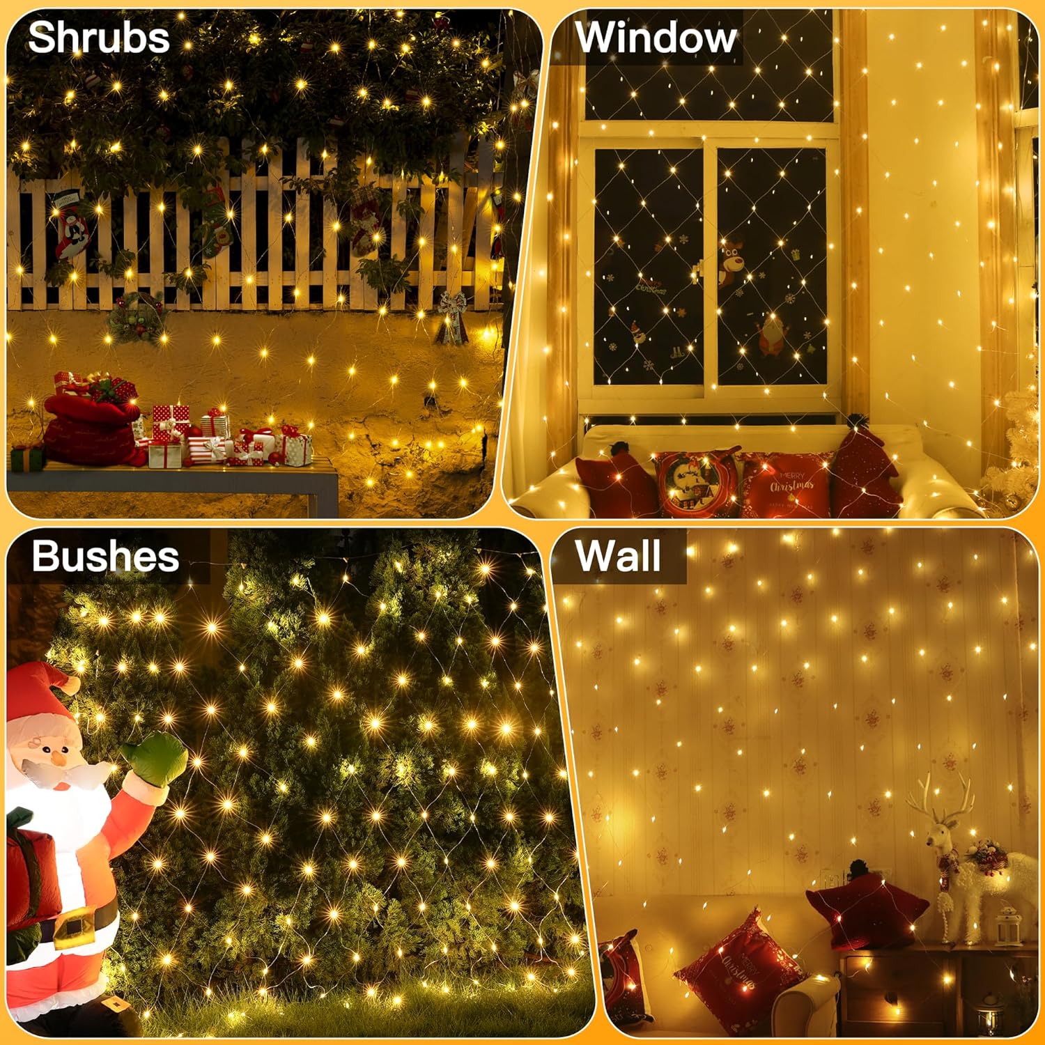 Ollny Net Lights Outdoor Mesh Light 10x7ft, 210LED Clear Wire Connectable Christmas Net Lights with 8 Modes, IP67 Waterproof Bush Light for Tree Wall Ceiling Outside Decorations, Warm White