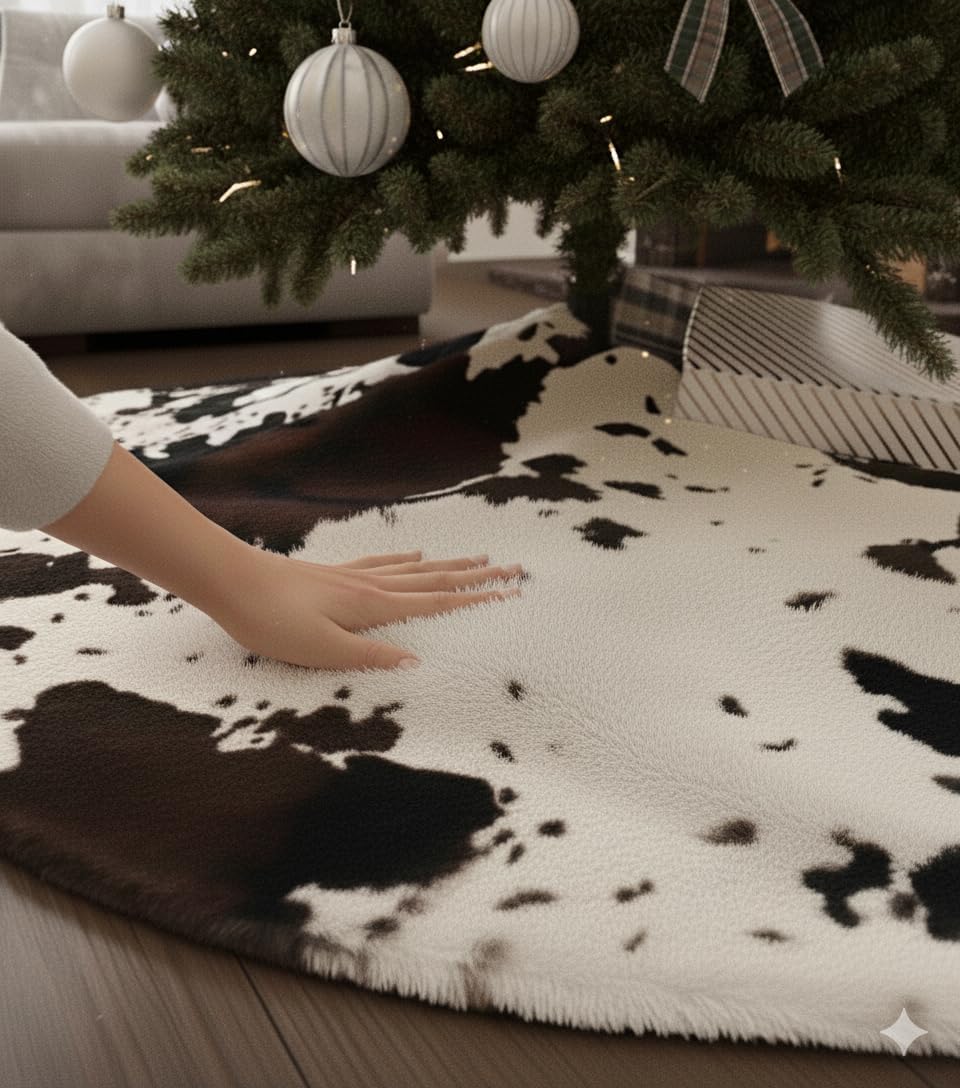 60 Inch Cow Faux Fur Christmas Tree Skirt Holiday Decor for Xmas Tree, Festive Party, Home Decorations