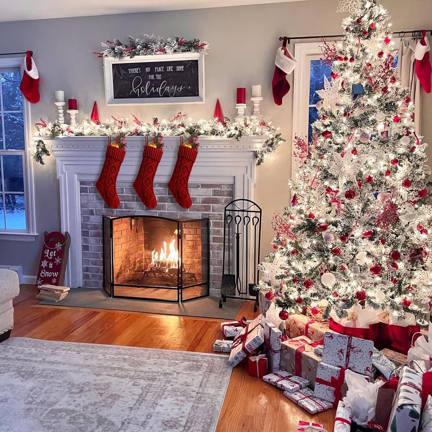 Fesciory 4 Pack Christmas Stockings 18 Inches Large Size Cable Knitted Stocking Gifts & Decorations for Family Holiday Xmas Party, Ivory White