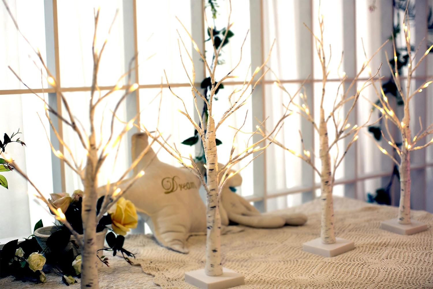 EAMBRITE Home Decorations Light Up White Birch Tree Indoor Christmas Decor, 4 Pack Battery Operated/USB Lighted Tabletop Money Tree Lamp Led Lights Xmas Wedding Centerpiece Table Room (2 Ft)