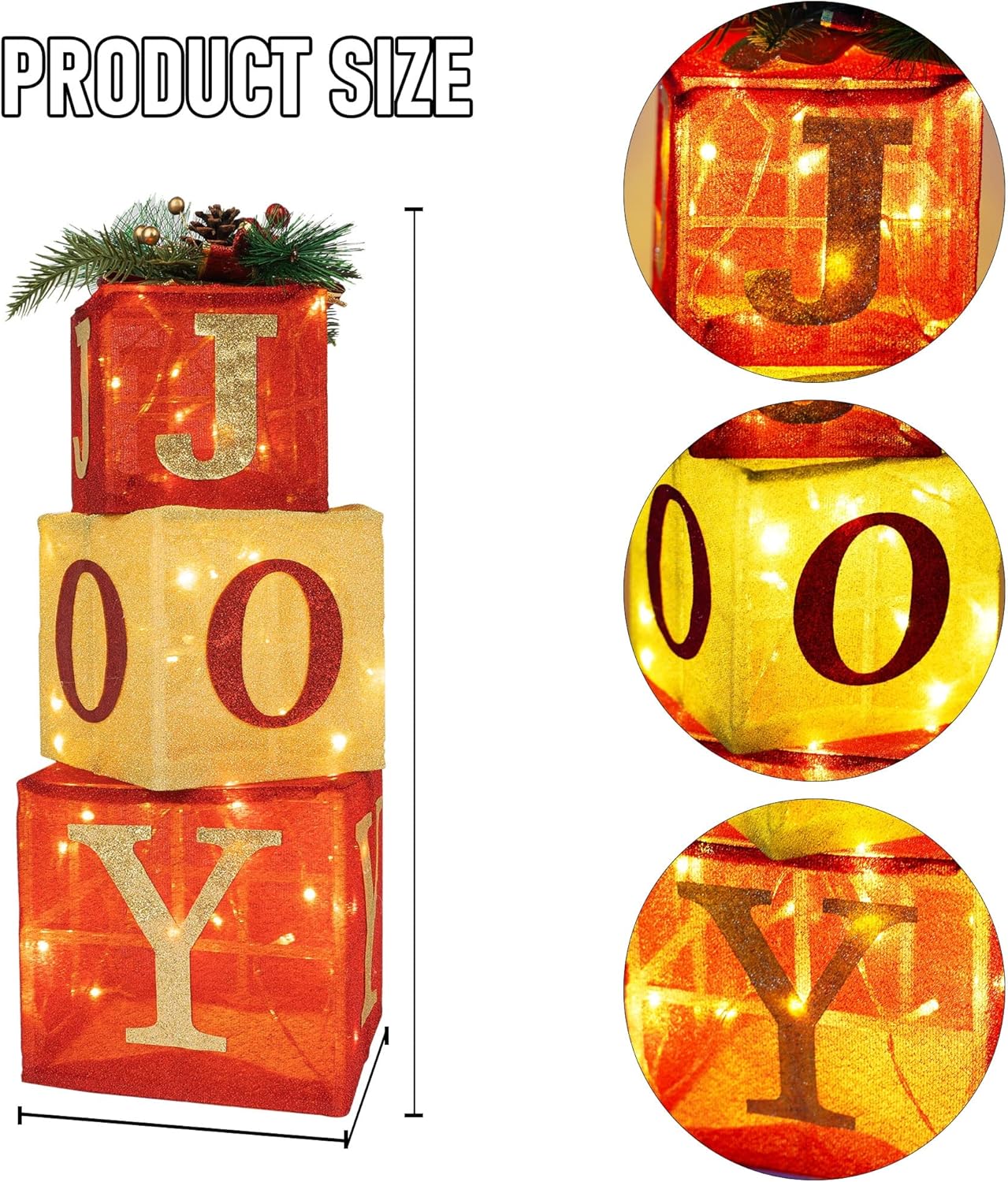 Hourleey Set of 3 Christmas Lighted Gift Boxes, Pre-lit 60 LED Light Up Present Boxes Ornament Outdoor Warm White Tinsel Boxes Decoration for Indoor Christmas Home Yard Lawn Decor