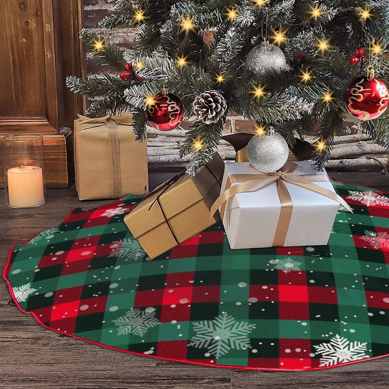 Christmas Tree Skirt Red Xmas Tree Ornaments for White Soft Plush Christmas Tree Mat with Snowy Pattern for Decorations Holiday Party 48 inches