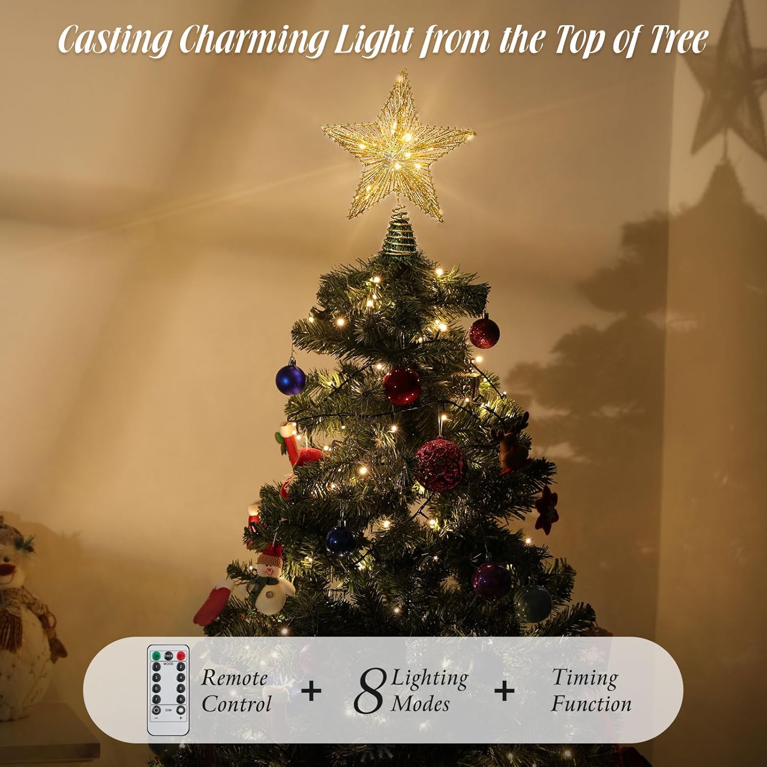 Roylvan Christmas Star Tree Topper with 8 Lighting Modes, USB Lighted Tree Topper with 20 LED Lights, Shiny Treetop Christmas Tree Decoration for Indoor Outdoor Holiday Home Ornament Gift, 9.8 Inch(H)