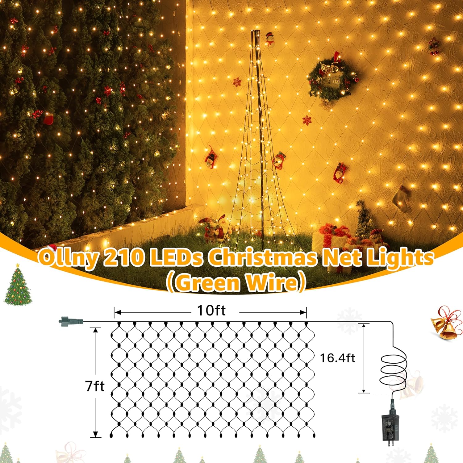 Ollny Net Lights Outdoor Mesh Light 10x7ft, 210LED Clear Wire Connectable Christmas Net Lights with 8 Modes, IP67 Waterproof Bush Light for Tree Wall Ceiling Outside Decorations, Warm White