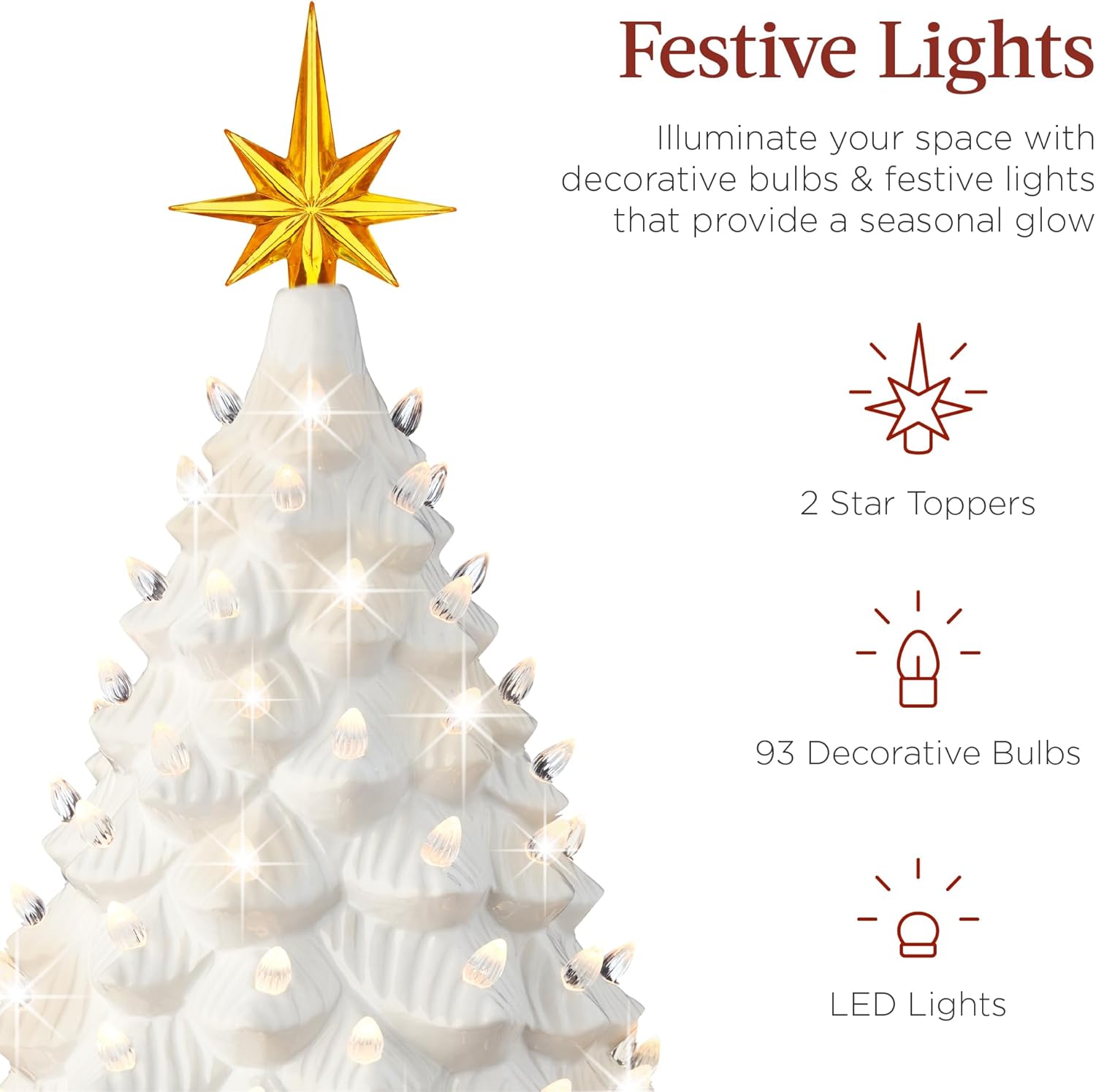 Best Choice Products 18in Large Ceramic Christmas Tree, Pre-lit Hand-Painted Tabletop Holiday Decoration w/Power Cord, 2 Star, 93 Multicolored Bulbs, LED Lights - Green