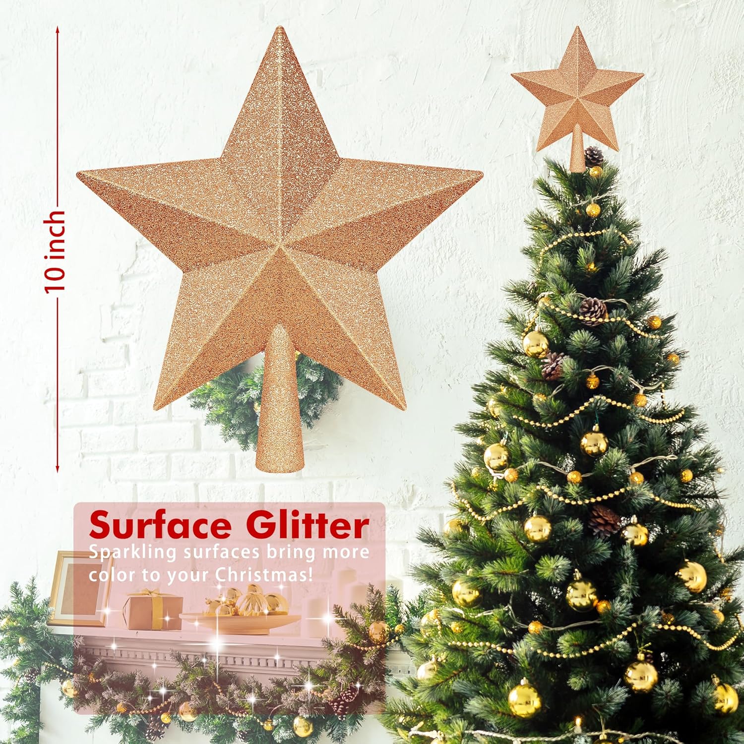 Christmas Tree Star Topper, 8 Gold Xmas Star Tree Decorations, 3D Shatterproof Bethlehem Star Tree Topper Decorations, Waterproof Christmas Tree Topper Decor for Holiday Home Outdoor Ornament