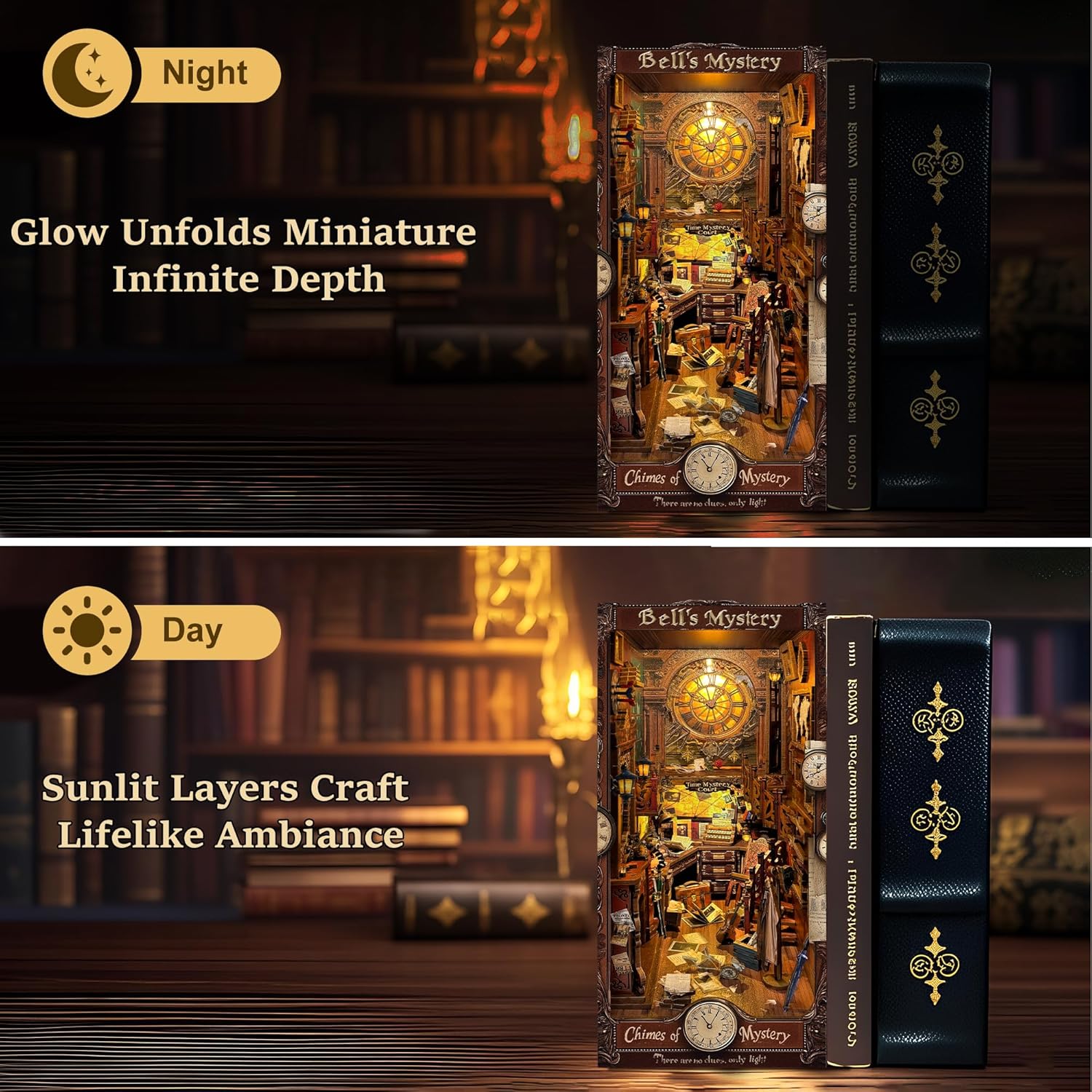 CRIOLPO Book Nook Kit - DIY Doll House Booknook, Book Nook Miniature Kit for Bookshelf Doll Houses for Adults Teen Halloween, 3D Wooden Puzzle Bookends with Sensor Led Light