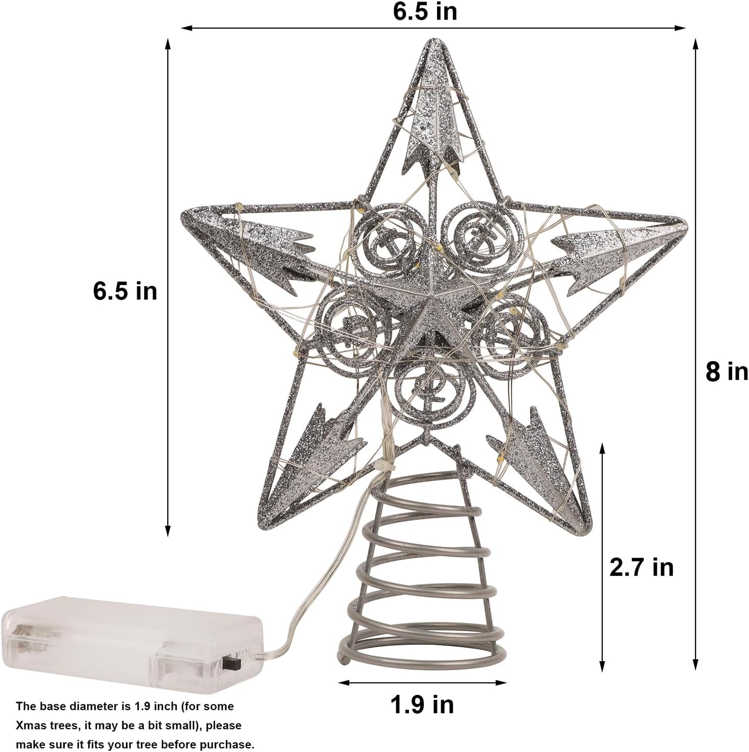 Juegoal Star Tree Topper with 20 LED Lights, Metal Golden Lighted Treetop Ornaments, Battery Powered Light Up Christmas Tree Decorations, 6.5 x 6.5 Inches